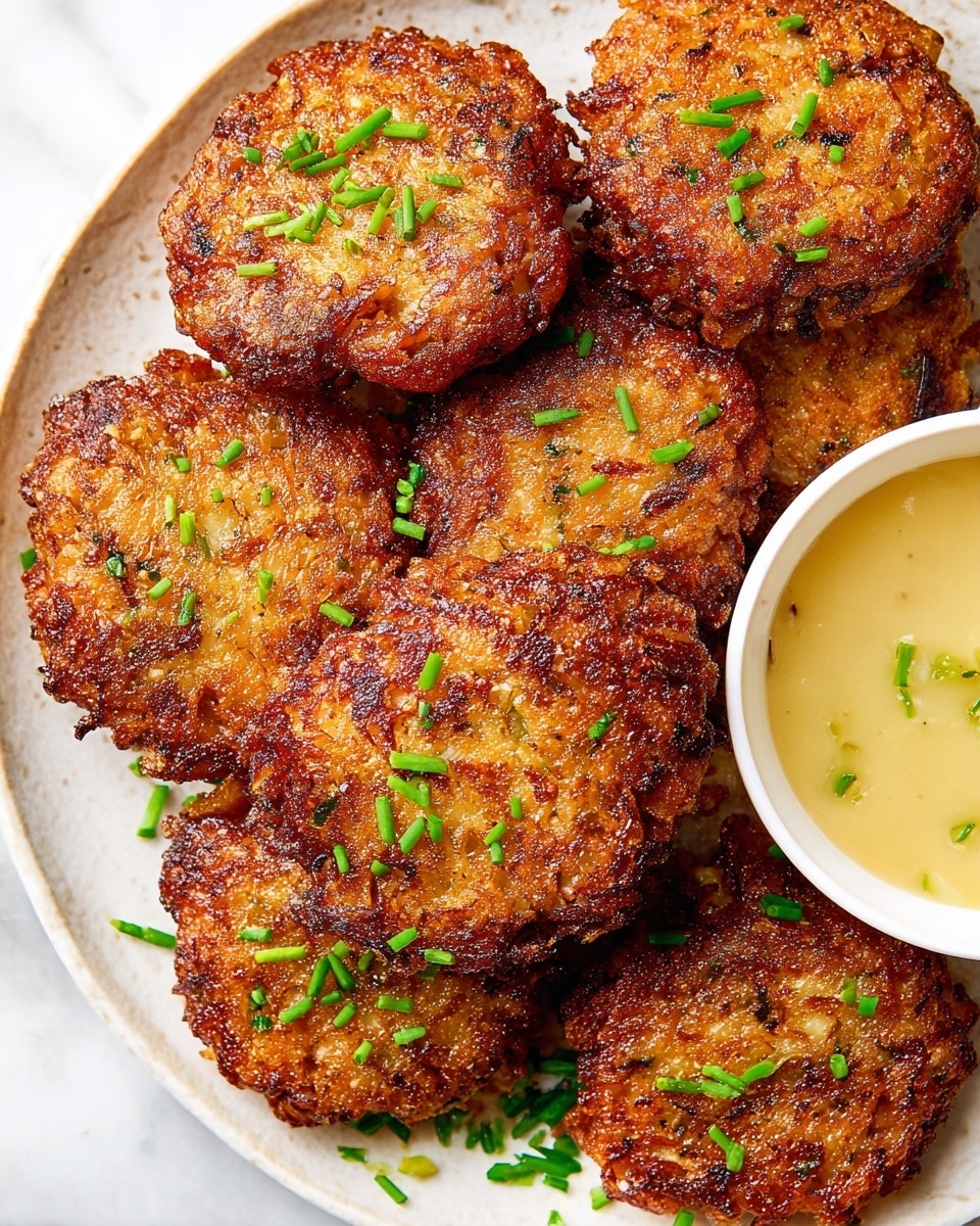 A white plate filled with seven golden-brown, crispy fritters stacked closely, each with a rough textured surface showing small bits mixed in, and topped with small sprinkles of fresh bright green chives. The edges of the fritters are uneven and darker brown, indicating a crunchy crust. On the right side of the plate, there is a small white bowl filled with smooth, light yellow dipping sauce with a few pieces of chives on top. The entire scene is set on a white marbled surface. Photo taken with an iphone --ar 4:5 --v 7