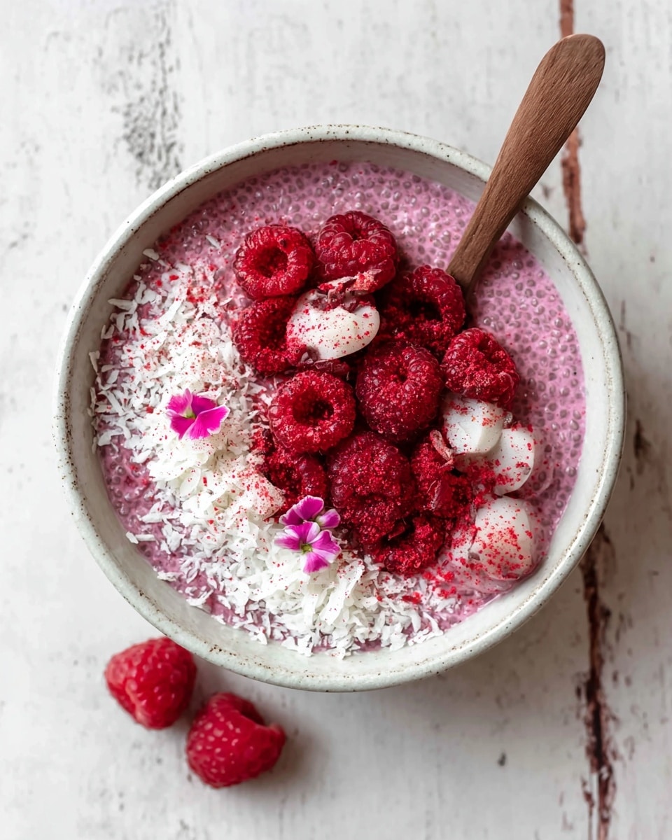 A white bowl filled with a textured pink chia pudding base, topped with fresh red raspberries clustered in the middle, small white dollops sprinkled with red powder around the raspberries, white shredded coconut scattered on one side of the pudding, and a few small pink edible flower petals placed delicately on top. A brown wooden spoon rests inside the bowl, and the bowl is placed on a white marbled textured surface with two raspberries lying beside it. Photo taken with an iphone --ar 4:5 --v 7