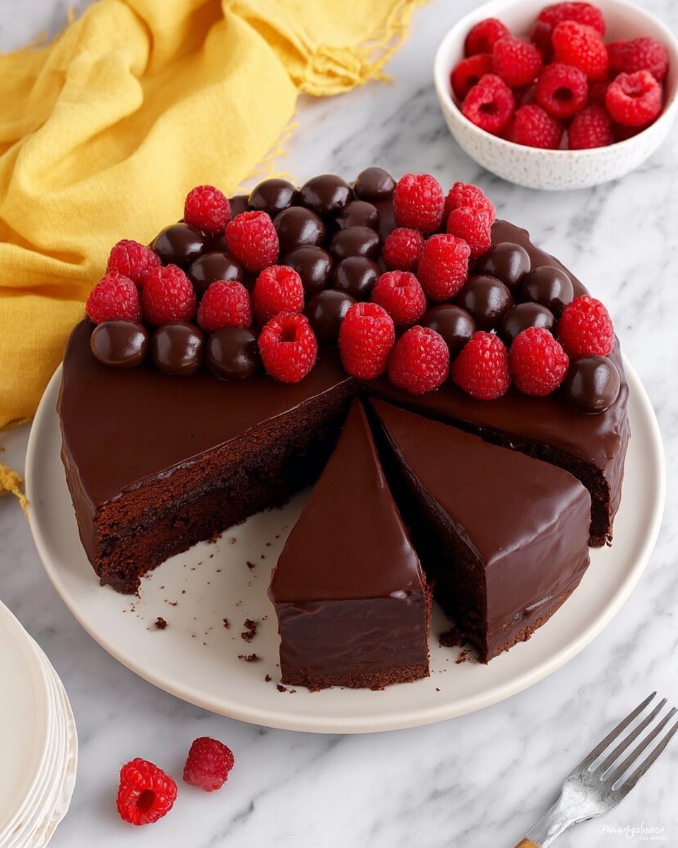 The image shows a round chocolate cake with two slices taken out and placed next to the cake. The cake has a smooth, shiny dark chocolate glaze covering the entire surface. On top, there is a decoration of fresh red raspberries and dark chocolate balls arranged in a crescent shape, starting from one side and curving around the top. The interior of the cake reveals moist chocolate layers. The cake sits on a dark textured round base, placed on a white marbled surface. Nearby, there is a clear glass bowl filled with raspberries, a white plate with a silver fork, and a yellow cloth napkin. Photo taken with an iphone --ar 4:5 --v 7