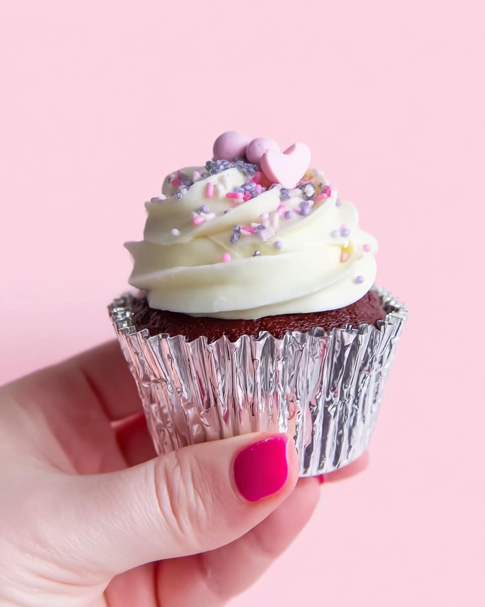 A red velvet cupcake with one layer of deep red soft cake topped by a thick layer of white cream frosting piped in a swirl, sprinkled with small colorful pastel sprinkles, sits on a white ceramic cake stand with a beaded edge. The cupcake paper is white and peeled back, showing the moist texture of the cake. Around the stand, there are scattered pastel sprinkles on a white marbled surface. Other blurred cupcakes are in the background, adding depth to the image. photo taken with an iphone --ar 4:5 --v 7