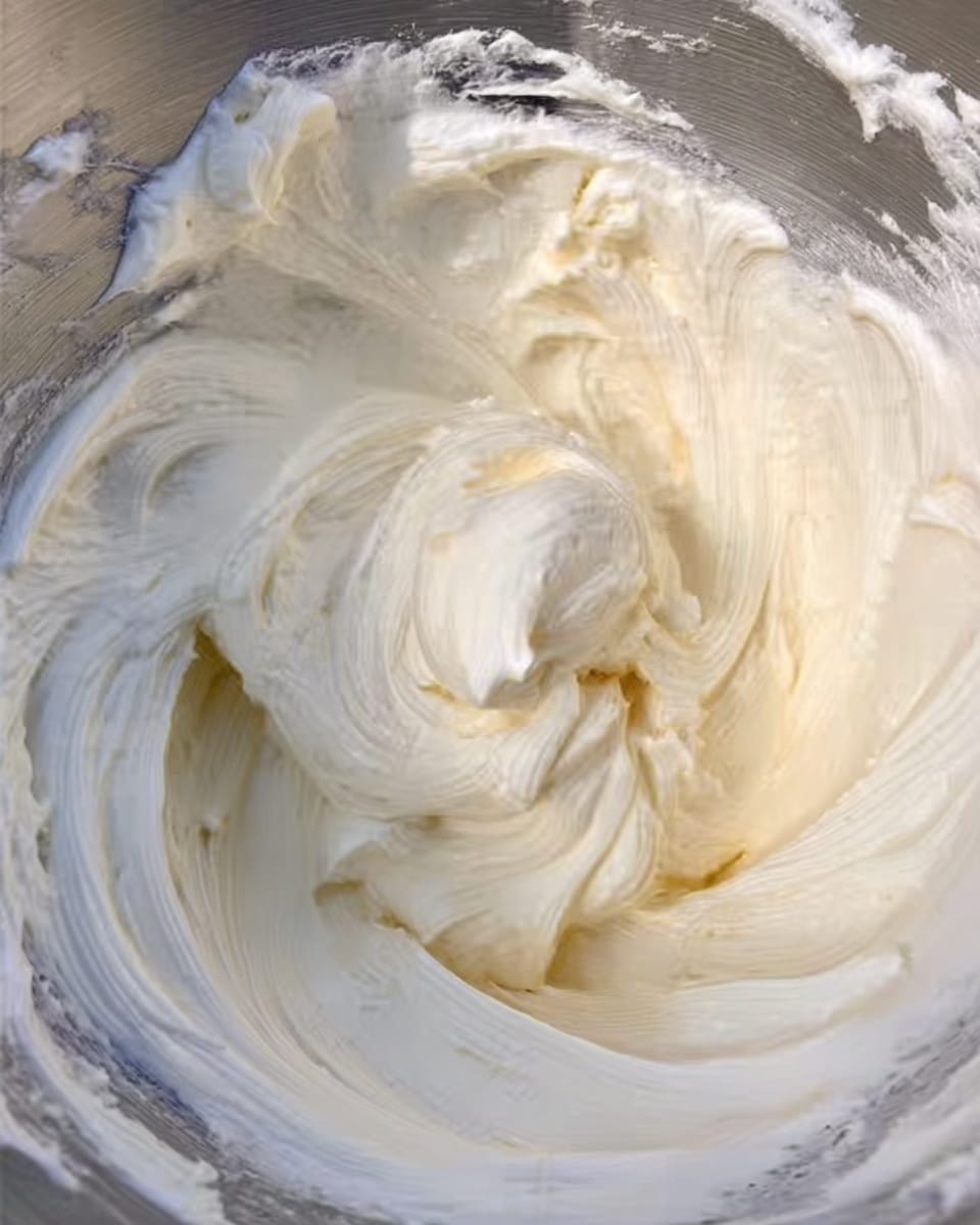 The image shows a close-up of a shiny silver mixing bowl filled with smooth, creamy, off-white whipped cream or frosting. The cream has soft, thick swirls and peaks in the center, with some creamy texture visible on the sides of the bowl. The background and surface beneath the bowl have a white marbled texture. photo taken with an iphone --ar 4:5 --v 7