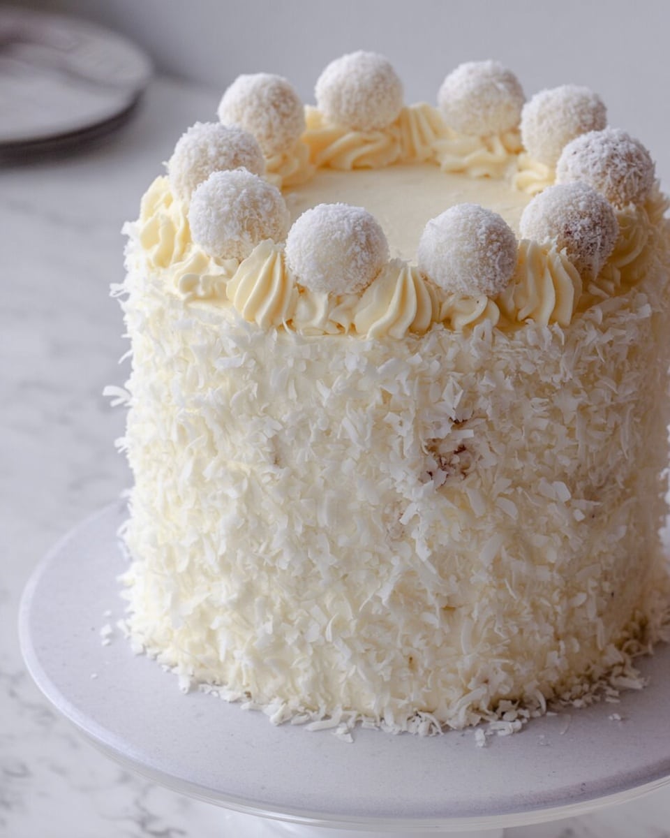 A tall white cake covered completely with shredded coconut flakes, giving it a rough, textured look on all sides; the top layer is smooth white frosting decorated with alternating white coconut balls and swirls of creamy pale yellow frosting arranged around the edge; the cake sits on a clear white plate placed on a white marbled surface, creating a clean, bright scene. photo taken with an iphone --ar 4:5 --v 7