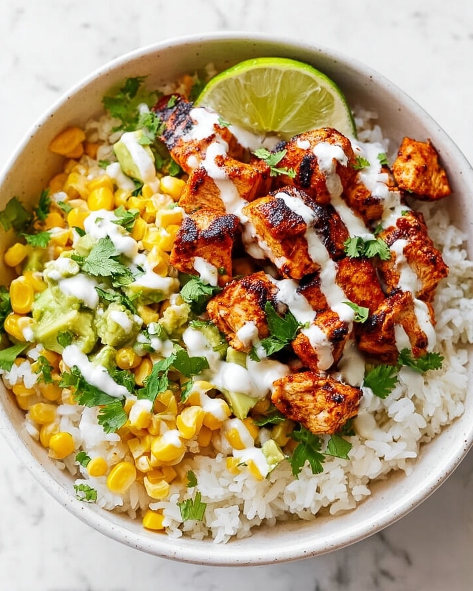 A white bowl filled with three main layers is shown. The bottom layer is white rice, soft and fluffy, covering the entire base. Above the rice, there is bright yellow corn and small pieces of green avocado mixed with fresh green cilantro leaves scattered across. The top layer features chunks of grilled chicken with a slightly charred, reddish-brown surface, drizzled with white sauce. A wedge of lime is placed near the edge of the bowl on top of the corn layer. The bowl is placed on a white marbled surface photo taken with an iphone --ar 4:5 --v 7