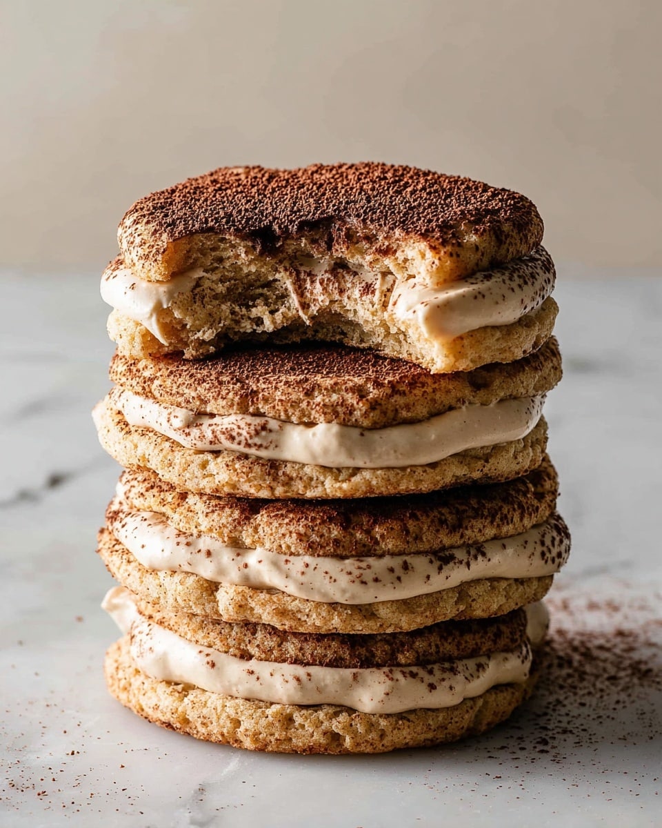 A stack of four thick beige cookies with a rough texture are layered with thick, creamy light brown frosting in between each cookie. The top cookie and frosting are dusted with a fine layer of dark cocoa powder. The top cookie has a bite taken out, showing the soft inside crumb. The stack sits on a white marbled surface with a neutral background. photo taken with an iphone --ar 4:5 --v 7