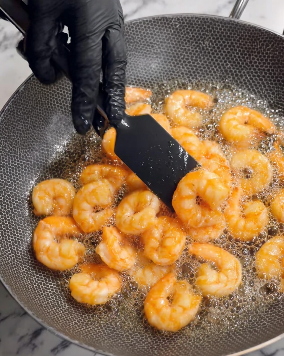 In a close-up view, there is a frying pan filled with small shrimp being cooked in bubbling oil. The shrimp are light orange with a shiny surface, arranged in a somewhat circular pattern inside the pan. A black spatula is pressing down on a few shrimp, held by a pair of black-gloved hands. The pan has a gray textured surface with a honeycomb-like pattern, and the scene focuses only on the cooking process without any extra ingredients in sight. The background is a white marbled texture photo taken with an iphone --ar 4:5 --v 7