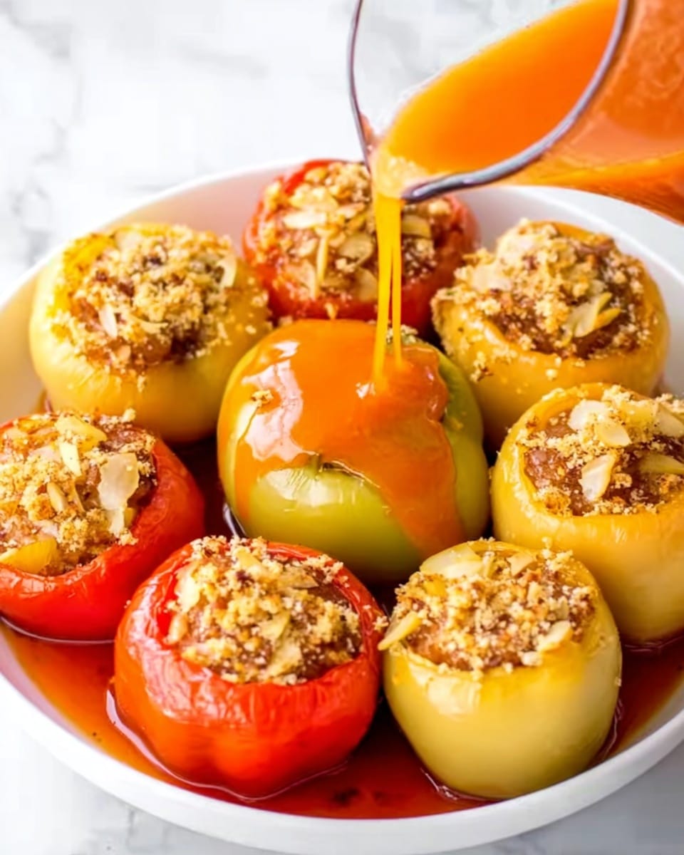 A white plate filled with round stuffed peppers arranged close together, the peppers are mainly light yellow with a few red ones, each topped with a crumbly mix that looks like rice or breadcrumbs; a clear glass jug on the right side is pouring bright orange sauce over the peppers, creating a shiny layer on some of them, all set on a white marbled surface photo taken with an iphone --ar 4:5 --v 7