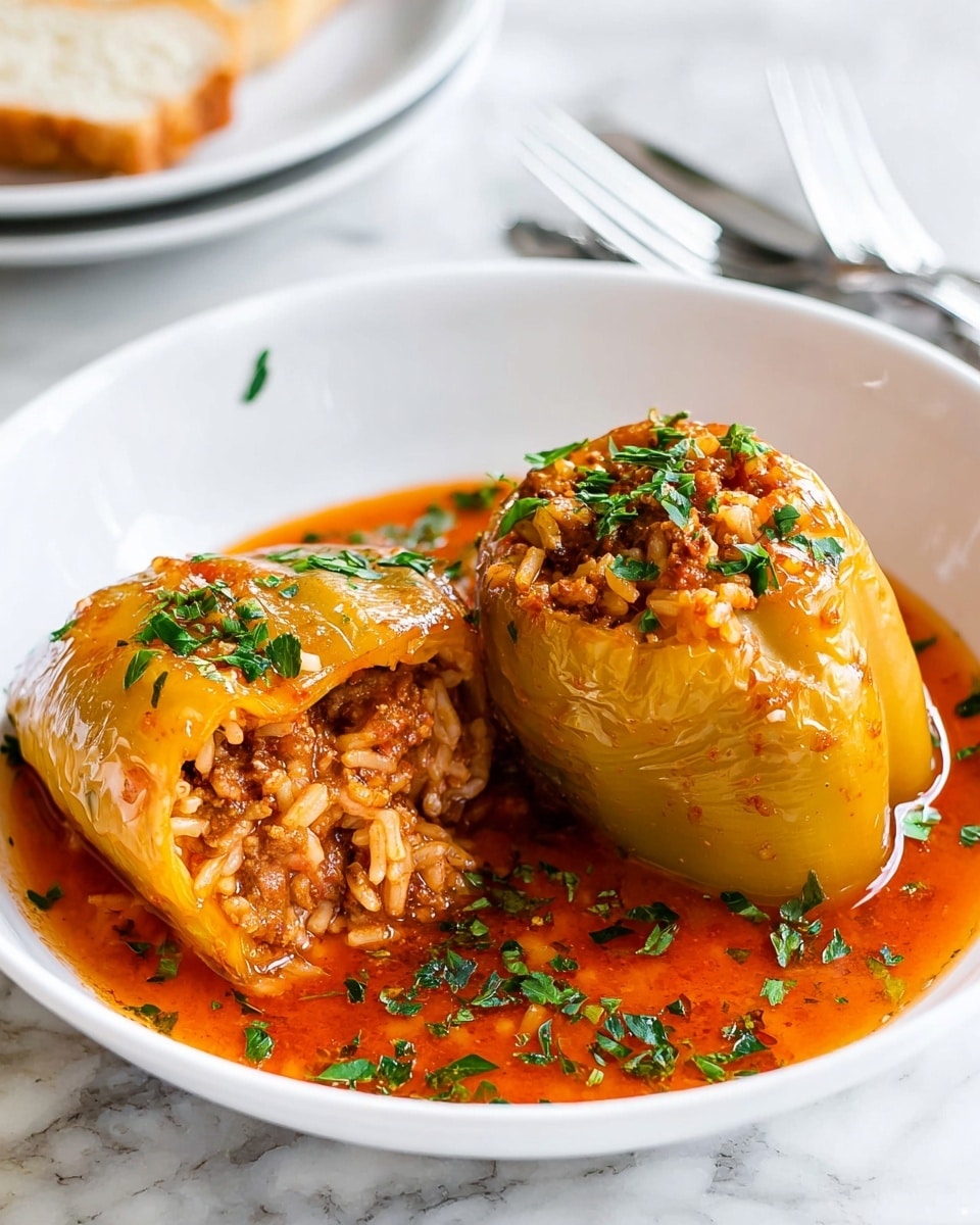 Two stuffed bell peppers sit in a white bowl filled with reddish-orange sauce, sprinkled with chopped green herbs. Each pepper is pale yellow with a slightly shiny, soft texture and is packed tightly with a mixture of brown rice, ground meat, and bits of sauce visible inside. The peppers are resting on a smooth pool of sauce that has a light oily sheen and scattered flecks of herbs on top. The scene is set on a white marbled surface with part of a fork and a slice of bread blurred in the background. Photo taken with an iphone --ar 4:5 --v 7