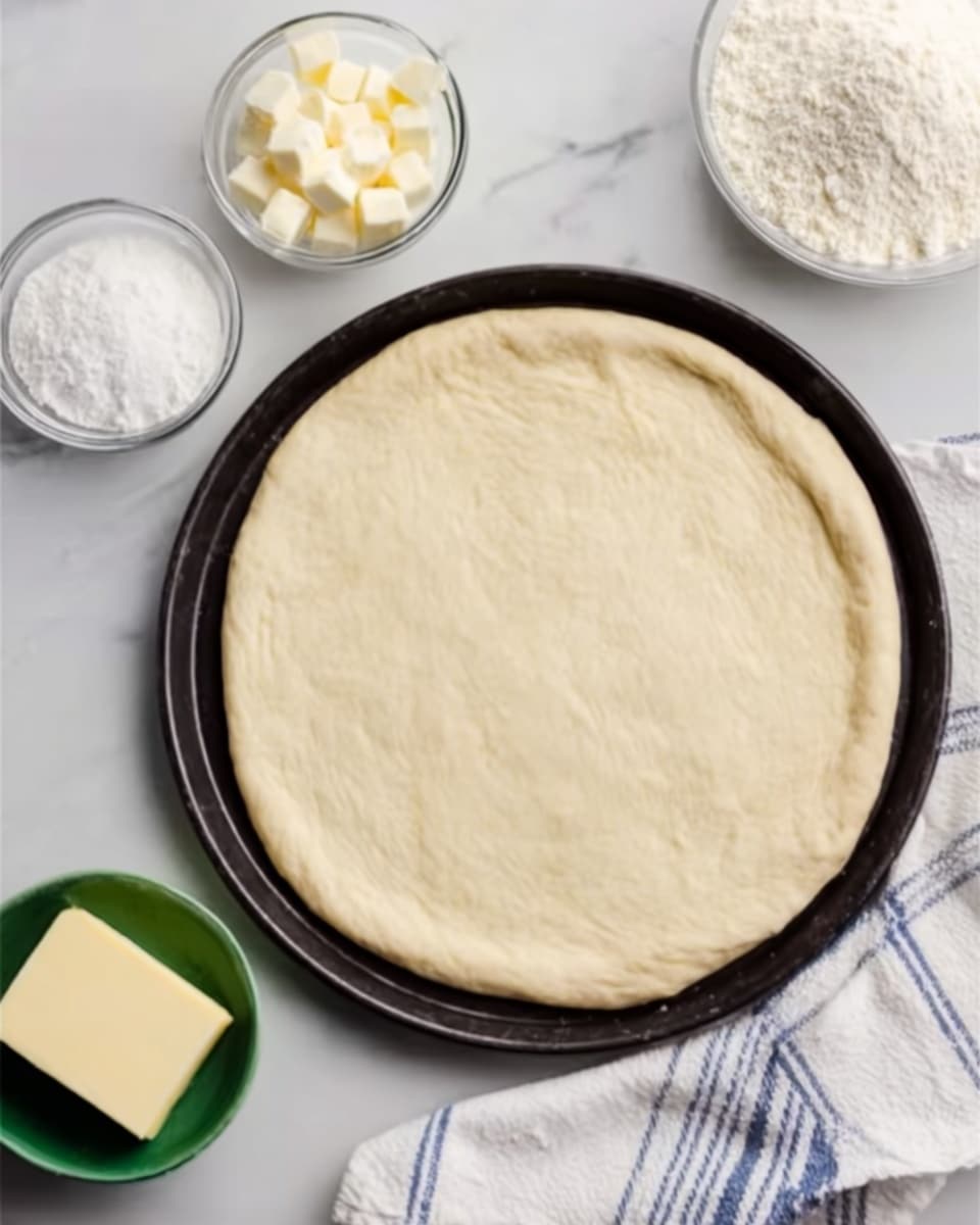 A round, flat pizza dough spread evenly in the center of a black round pizza pan. The dough is pale, smooth, and slightly thick, covering most of the pan with a thin raised edge around it. Around the pan, there are three small clear bowls with white flour, white powder, and small butter cubes. In the foreground, a green small bowl holds a stick of butter. The whole setting is on a white marbled surface, with a white cloth with blue stripes on the lower right side. photo taken with an iphone --ar 4:5 --v 7