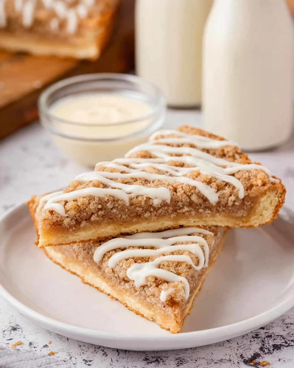 The image shows a white plate with two triangular slices of a crumb-topped dessert stacked on top of each other. The bottom toasted golden crust layer looks thick and fluffy, while the crumb layer on top is light brown and textured with a crisscross pattern of white icing drizzled over it. In the background, a small clear glass bowl filled with a creamy white sauce and two white glass bottles can be seen on a wooden surface. The whole scene is set on a white marbled textured surface. Photo taken with an iphone --ar 4:5 --v 7