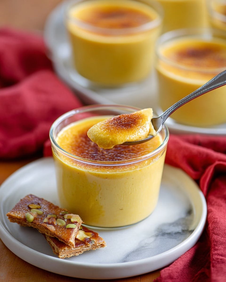 A clear glass cup filled with a smooth yellow custard with a caramelized brown top layer, a spoon holding a scoop of the custard is resting on the rim. The cup sits on a white plate with two pieces of thin, golden-brown brittle with visible nuts. In the background, more cups with the same custard rest on a white plate and a white marbled surface is underneath. A red cloth is softly draped to the left side. photo taken with an iphone --ar 4:5 --v 7