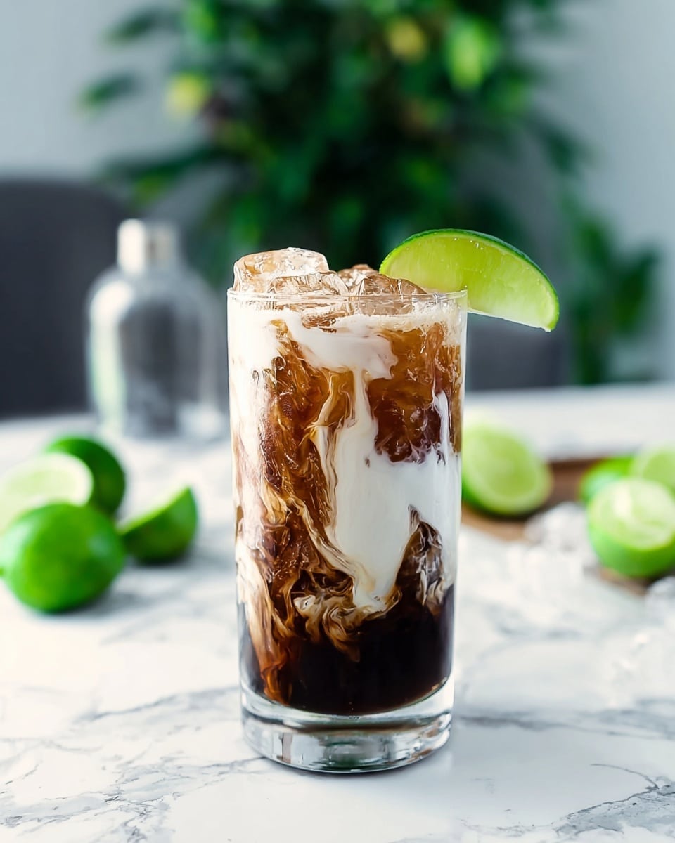 The image shows a tall, clear glass filled with a dark brown iced drink at the bottom layer, mixed with ice cubes. Above this, a thick white cream layer spills and swirls softly down into the dark drink, creating a marbled effect. A fresh green lime wedge rests on the rim of the glass, adding a bright contrast. The glass sits on a white marbled surface with blurred green plants and cut lime pieces in the soft background. Photo taken with an iphone --ar 4:5 --v 7