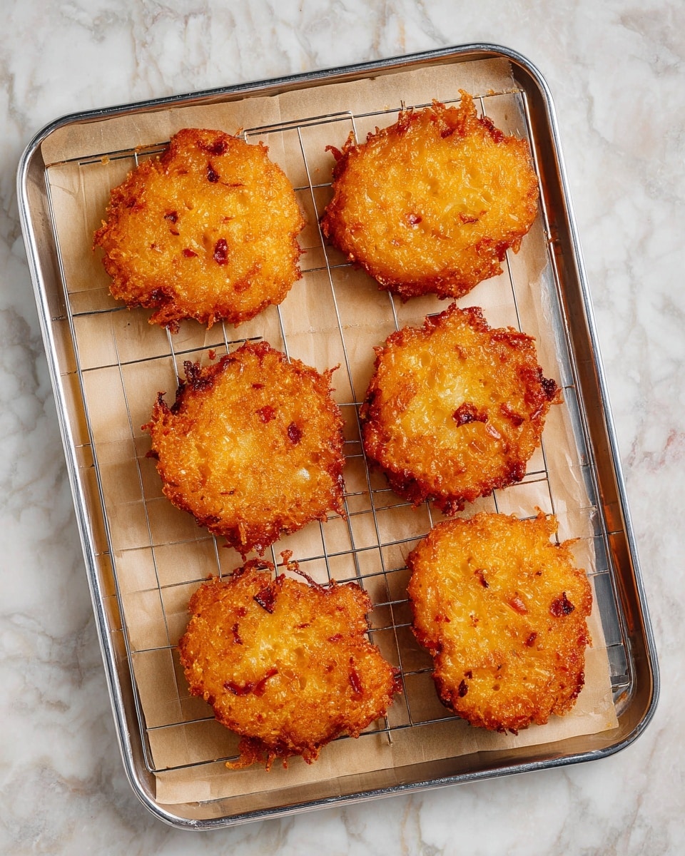 There is a metal tray with six golden brown, crispy fritters resting on a wire rack lined with light brown parchment paper. Each fritter is round and slightly uneven in shape with a rough, crunchy texture and small red and darker brown bits visible inside. The tray sits on a white marbled surface. The fritters look freshly fried with a shiny, oily coating. photo taken with an iphone --ar 4:5 --v 7