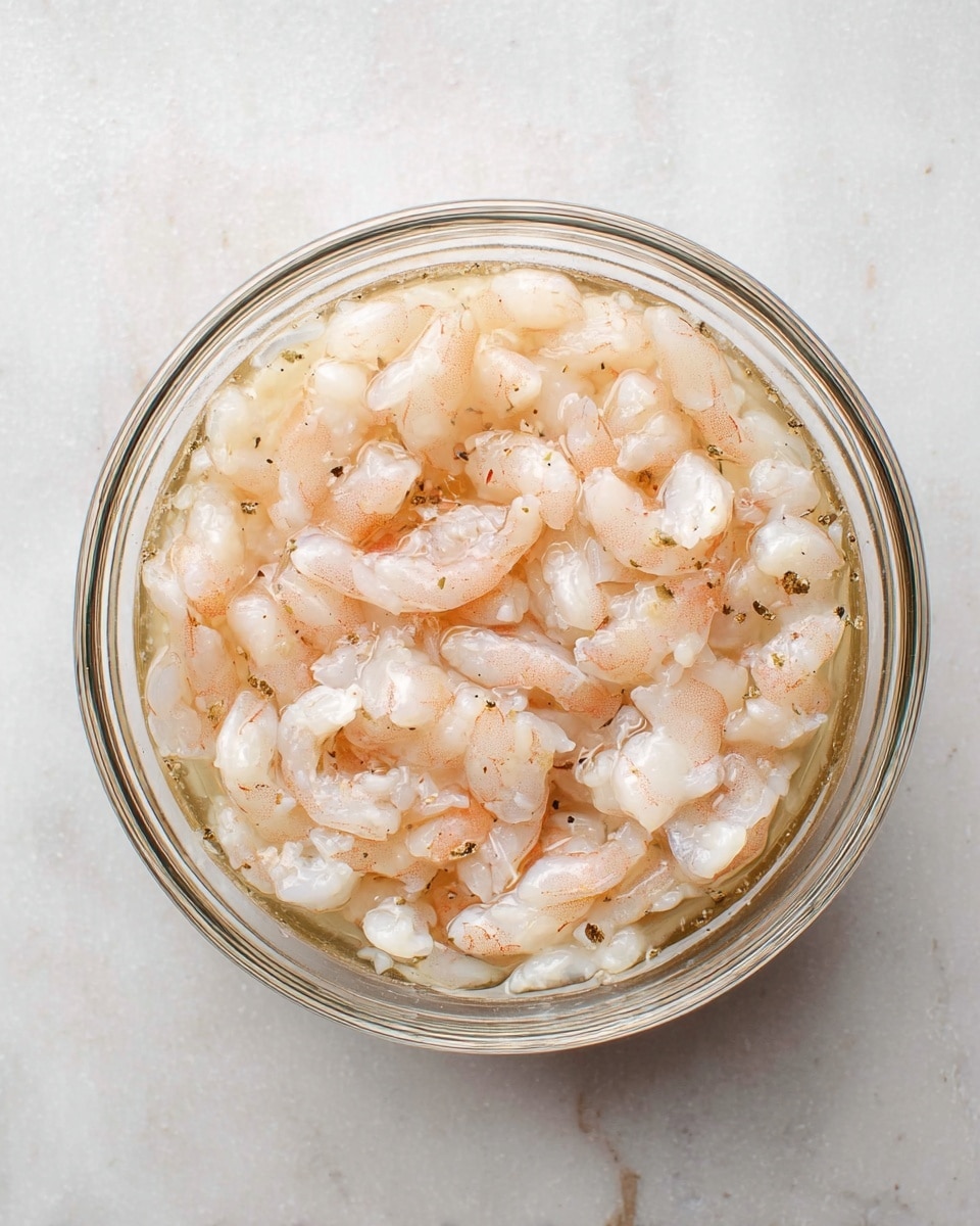 A clear glass bowl filled with small, raw shrimp pieces in a light, translucent liquid mixed with tiny black pepper specks, sitting on a white marbled surface. The shrimp vary in shades of pale pink and white, and the liquid gives a slightly glossy, wet texture covering the shrimp evenly. Photo taken with an iphone --ar 4:5 --v 7