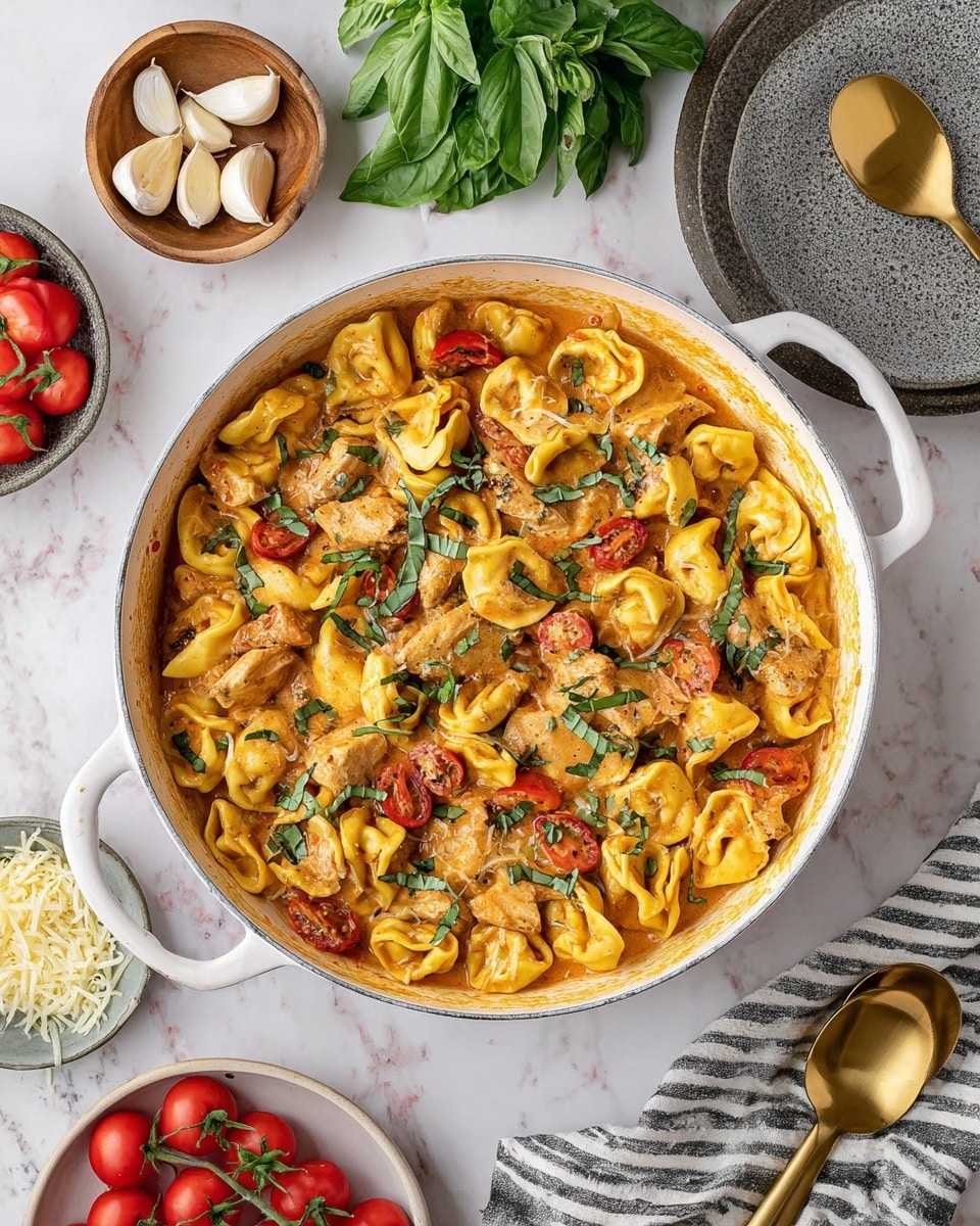 A white round pan filled with yellow tortellini pasta mixed with light brown cooked pieces of chicken, small red cherry tomatoes, and a creamy orange sauce. The dish is topped with chopped green basil leaves sprinkled all over. Around the pan on a white marbled surface, there is a small white bowl with garlic cloves, a wooden bowl with shredded cheese, a grey plate with a gold spoon, a bunch of fresh basil leaves, a bowl filled with cherry tomatoes, and a striped cloth with a silver spoon. photo taken with an iphone --ar 4:5 --v 7