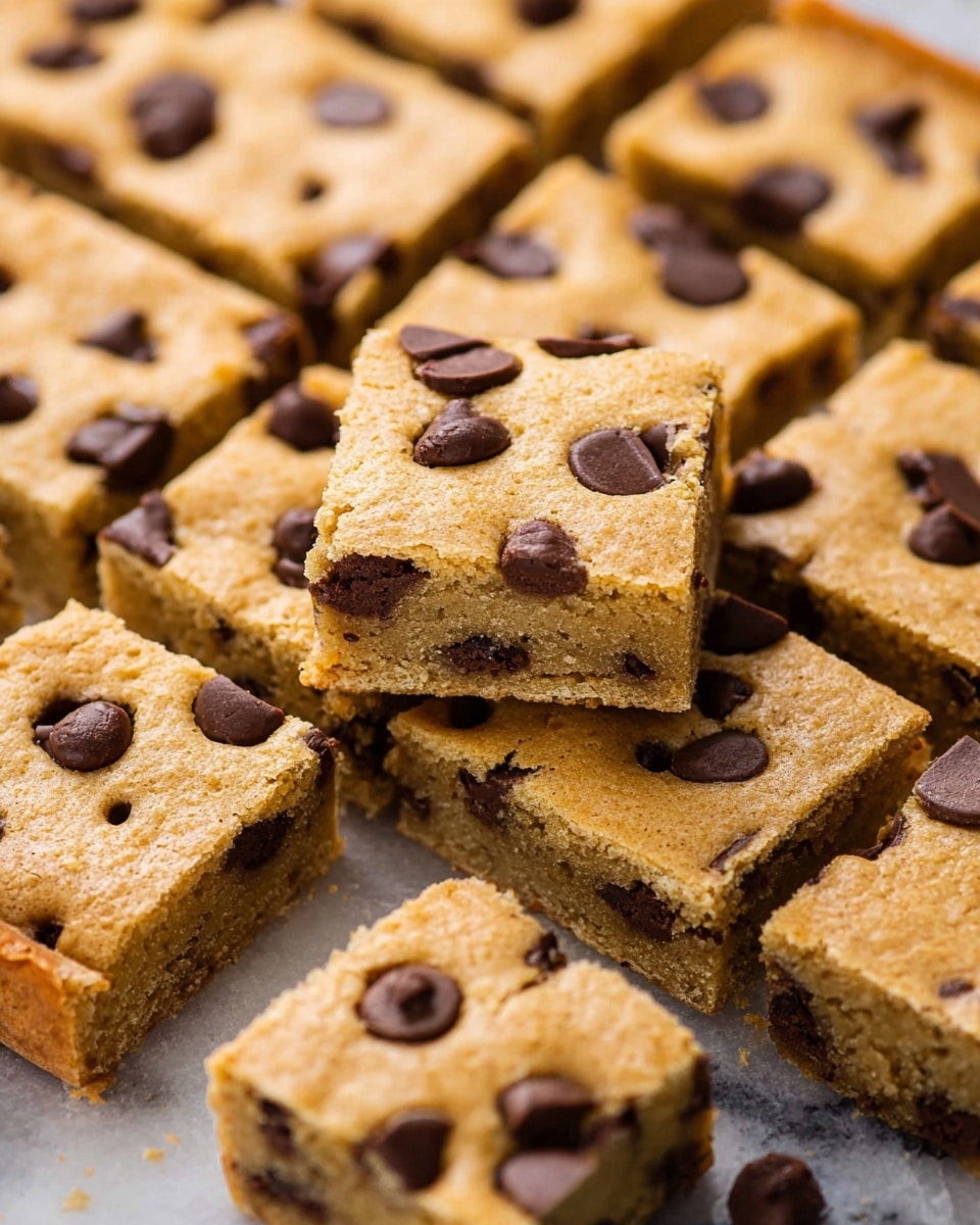 The image shows many square pieces of light golden brown chocolate chip cookie bars arranged closely together on a white marbled surface. Each square has a slightly cracked top texture with evenly scattered dark brown chocolate chips on the surface, and the inside of one piece reveals a soft, dense layer filled with more chocolate chips. One piece is tilted slightly on top of another, showing its thick, chewy interior with moist and crumbly texture. The color contrast between the golden brown dough and dark chocolate chips is clear and visually appealing. Photo taken with an iphone --ar 4:5 --v 7