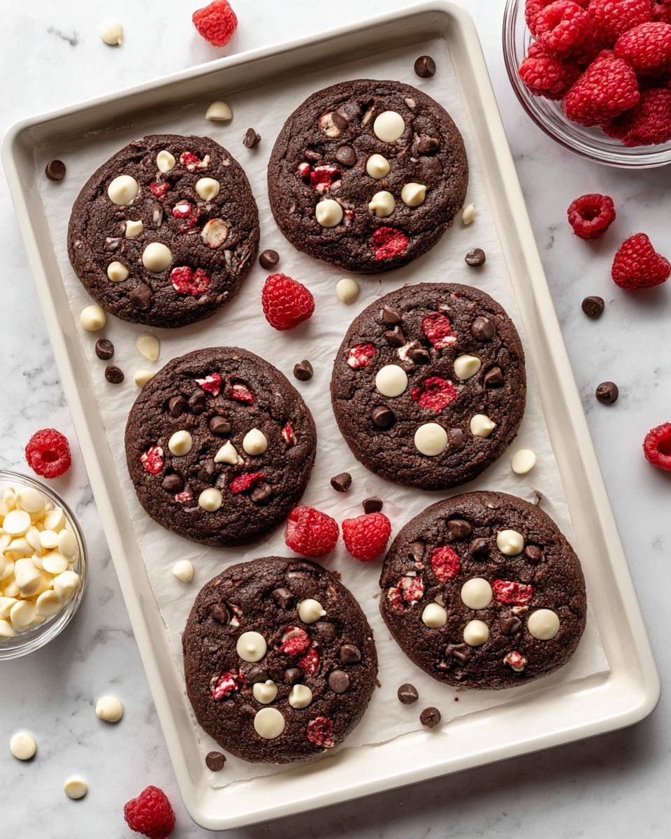 Six dark chocolate cookies with a soft texture are arranged on a white baking tray lined with parchment paper, each cookie topped with a mix of white and dark chocolate chips and scattered raspberry seeds inside. Bright red raspberries are placed around the cookies, some whole and some near the edges, adding a fresh and juicy look. Extra white and dark chocolate chips are scattered on the tray as well, with a clear bowl full of raspberries visible in the top right corner. The tray rests on a white marbled surface, highlighting the colors of the cookies and raspberries. Photo taken with an iphone --ar 4:5 --v 7