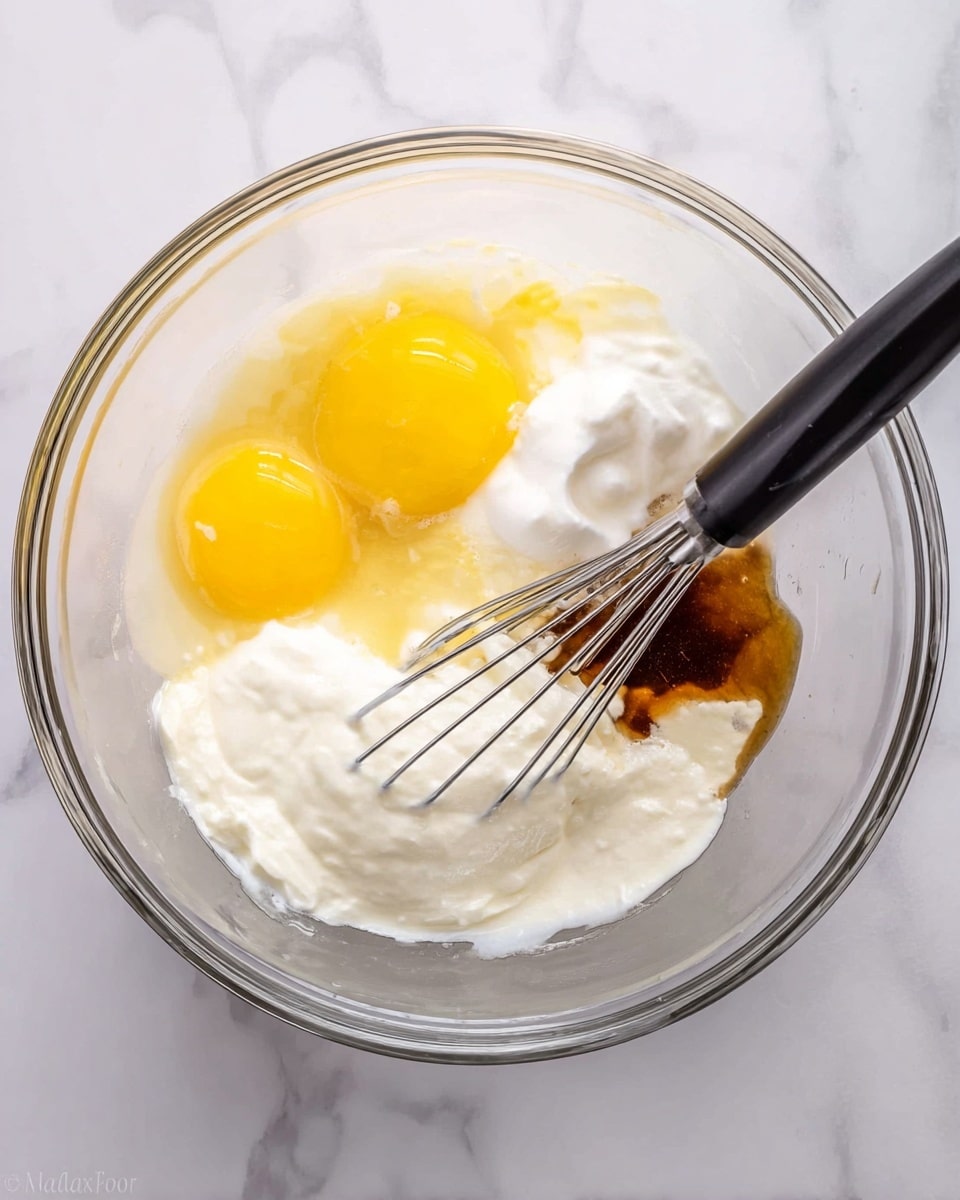 A clear glass bowl sits on a white marbled surface, filled with several ingredients ready to mix. Inside, there are two bright yellow egg yolks on the left side, next to a smooth, white creamy layer that looks like yogurt or sour cream in the middle. Surrounding these are more white liquid layers that appear to be milk or cream, forming the base around everything. On the right side, there is a dark brown patch of vanilla or syrup near the edge. A silver whisk with a black handle rests inside the bowl, partially submerged in the ingredients, ready to blend them all together. Photo taken with an iphone --ar 4:5 --v 7