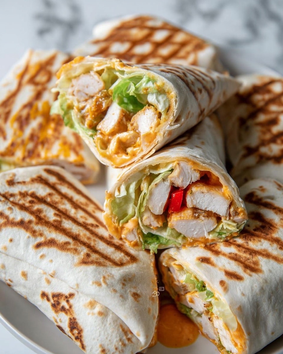 The image shows five large grilled burritos wrapped in slightly browned tortillas, stacked on white paper on a white marbled surface. The tortillas have a golden toasted pattern with light and dark brown spots. One burrito at the front is partially cut, revealing a soft inside filled with rice, melted yellow cheese, and some visible bits of chicken or other fillings. To the right of the burritos, there are scattered red, purple, and light beige tortilla strips. In the top left corner, a white bowl with diced bright orange and red vegetables is partly visible. Photo taken with an iphone --ar 4:5 --v 7