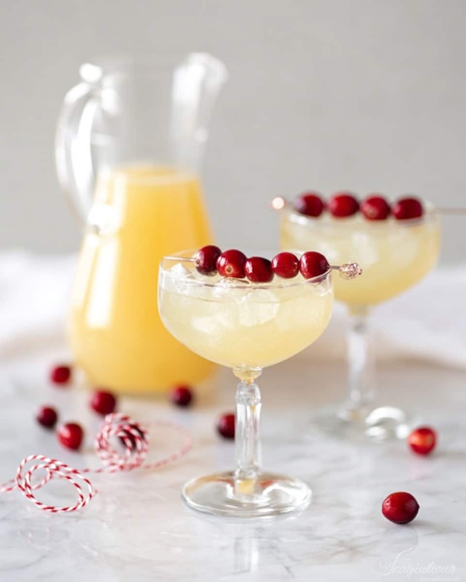 A clear glass coupe sits centered, filled with a pale yellow, icy drink, textured with visible ice pieces on the surface, garnished with a skewer of four bright red cranberries resting diagonally at the top edge. Behind it and slightly right, there is a second similar coupe also filled with the same yellow drink and ice. To the left in the background, a tall clear glass pitcher is filled with the same yellow liquid, showing smooth and bright color with a transparent handle. Several loose cranberries are scattered on the white marbled surface around the glasses, adding small spots of red. Thin red and white twine lies coiled faintly in the front left of the frame. photo taken with an iphone --ar 4:5 --v 7