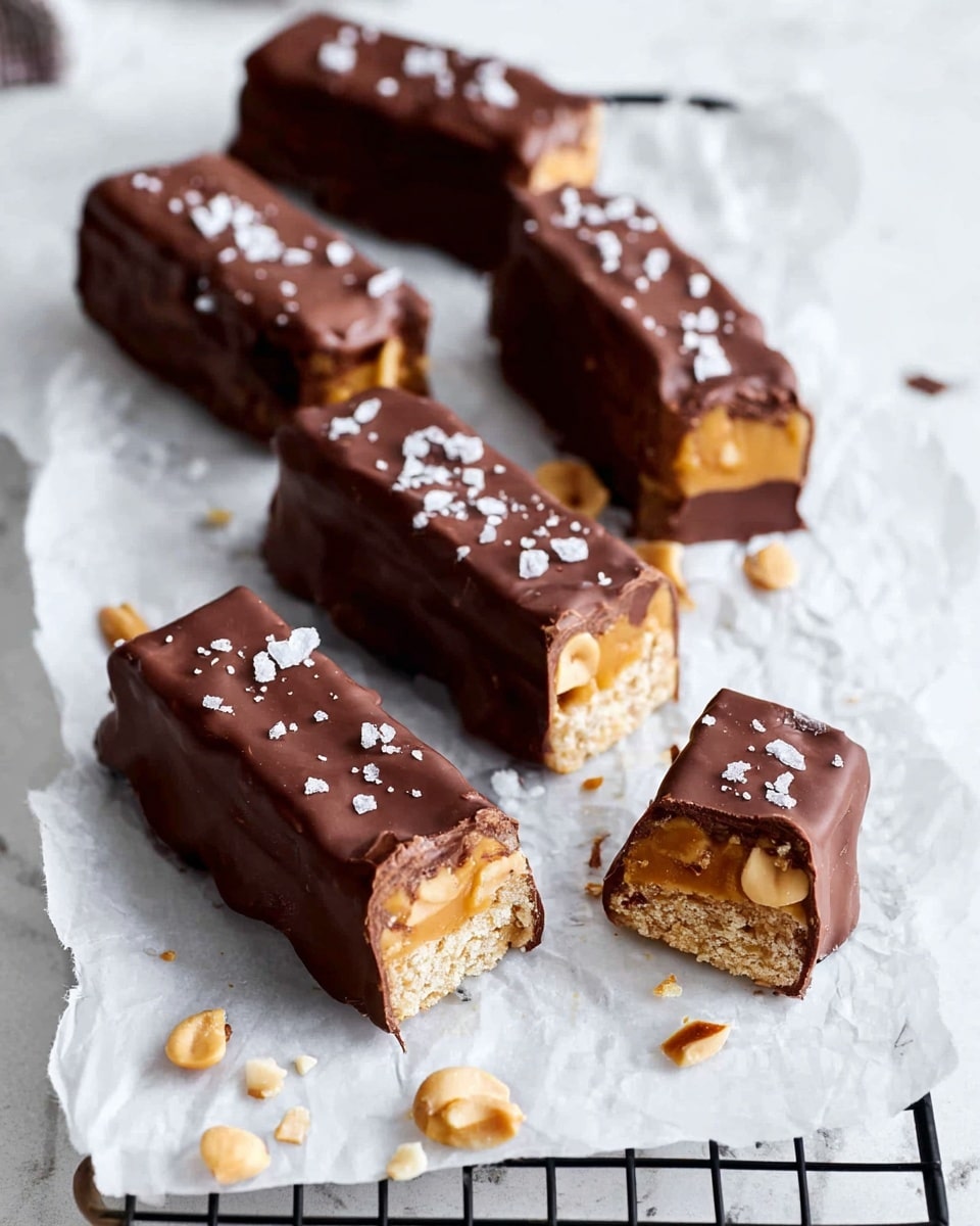 The image shows six rectangular chocolate bars arranged on white parchment paper over a black wire rack, set on a white marbled surface. Each bar has three visible layers: the bottom layer is light and crumbly with a rough texture, the middle layer is caramel-colored and thick with whole peanuts embedded inside, and the top layer is a glossy dark brown chocolate coating with small salt flakes sprinkled on top. One bar is cut in half, revealing all three layers clearly. Scattered chopped nuts and sea salt pieces are visible around the bars. The overall look is rich and textured with a clean, soft light. Photo taken with an iphone --ar 4:5 --v 7