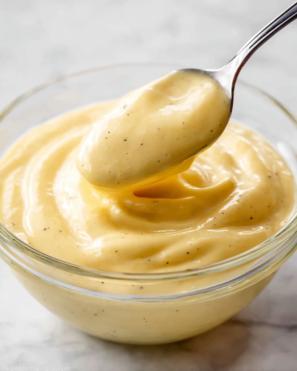 A clear glass bowl filled with smooth, thick vanilla custard that is pale yellow with small black specks evenly mixed in. A silver spoon with a glossy finish is lifting a spoonful of the custard from the bowl, showing its creamy and soft texture with gentle swirls and folds. The bowl is set on a white marbled surface, giving a clean and bright background to the warm, rich custard. Photo taken with an iphone --ar 4:5 --v 7