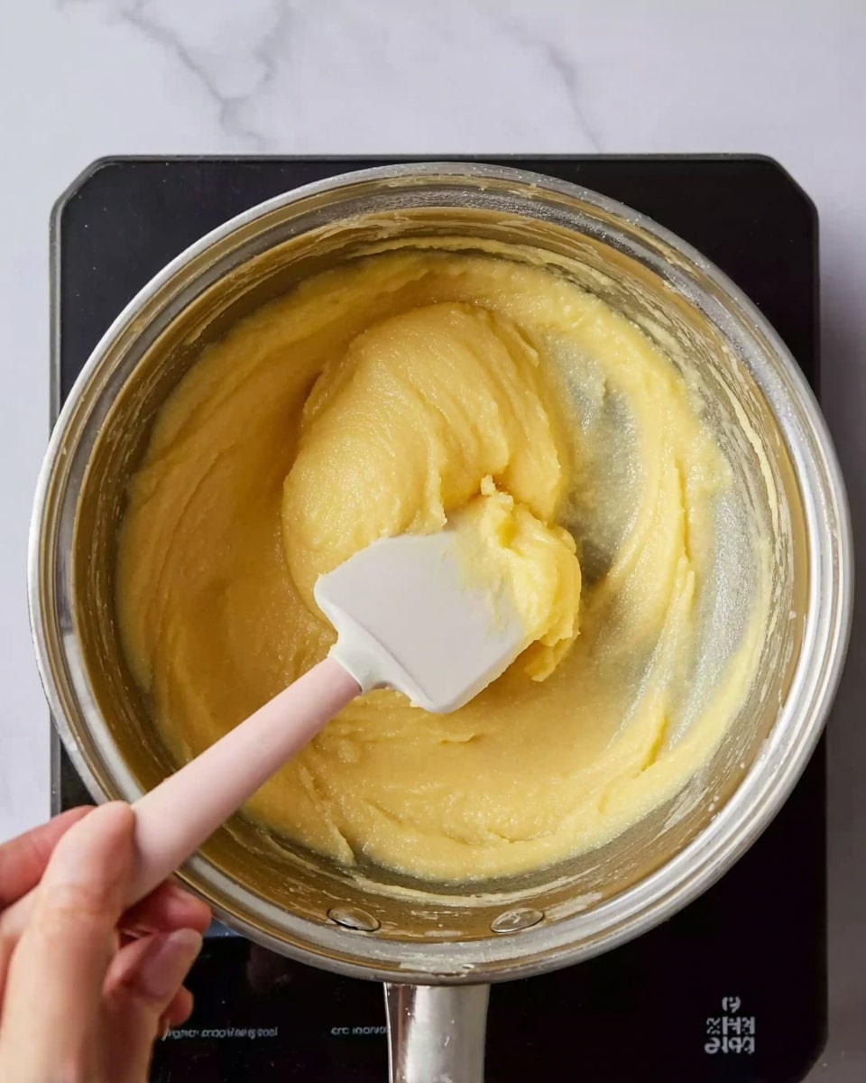 The image shows a close-up view of a silver pot on a black stove, containing a thick, yellow dough-like mixture being stirred with a white spatula that has a light pink handle. The mixture is smooth and thick, mostly settled on one side of the pot, with faint glossy spots showing a bit of moisture or oil underneath. A woman's hand is holding the spatula, gently mixing the soft texture of the dough. The background visible near the stove is changed to a white marbled texture. photo taken with an iphone --ar 4:5 --v 7