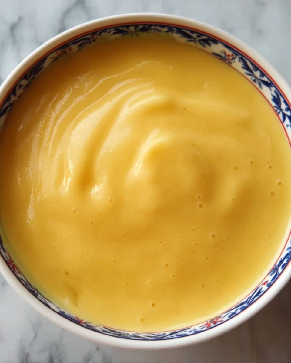 The image shows a close-up of a smooth, creamy yellow sauce or custard inside a white bowl with a blue and red pattern on its edge. The sauce has a shiny surface with some soft, gentle swirls and slight bubbles that give it a rich and thick texture. The bowl sits on a white marbled surface. photo taken with an iphone --ar 4:5 --v 7
