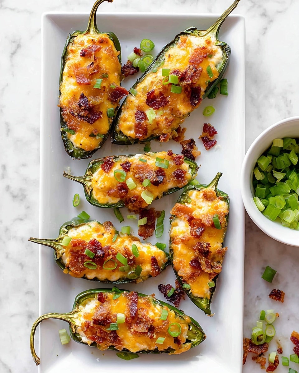 Five stuffed jalapeño halves are placed in a row on a white rectangular plate. Each jalapeño is dark green with a slightly wrinkled skin and has a thick, melted, golden-yellow cheese layer on top. Small pieces of crispy, reddish-brown bacon and chopped bright green scallions are scattered over the cheese on each jalapeño, adding texture and color. The plate is set on a white marbled surface, and there is a white bowl filled with sliced green scallions partially visible on the right. Some chopped scallions are also sprinkled around the plate. photo taken with an iphone --ar 4:5 --v 7