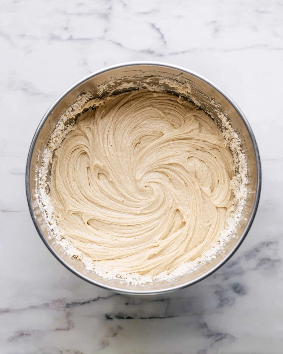 A round silver metal bowl holds a thick, creamy batter with a light tan color. The batter inside the bowl swirls in smooth, curved lines that create a soft texture. There are small bits around the inner edge of the bowl where some batter has stuck. The bowl is placed on a white marbled surface with soft grey veins running through it. Photo taken with an iphone --ar 4:5 --v 7
