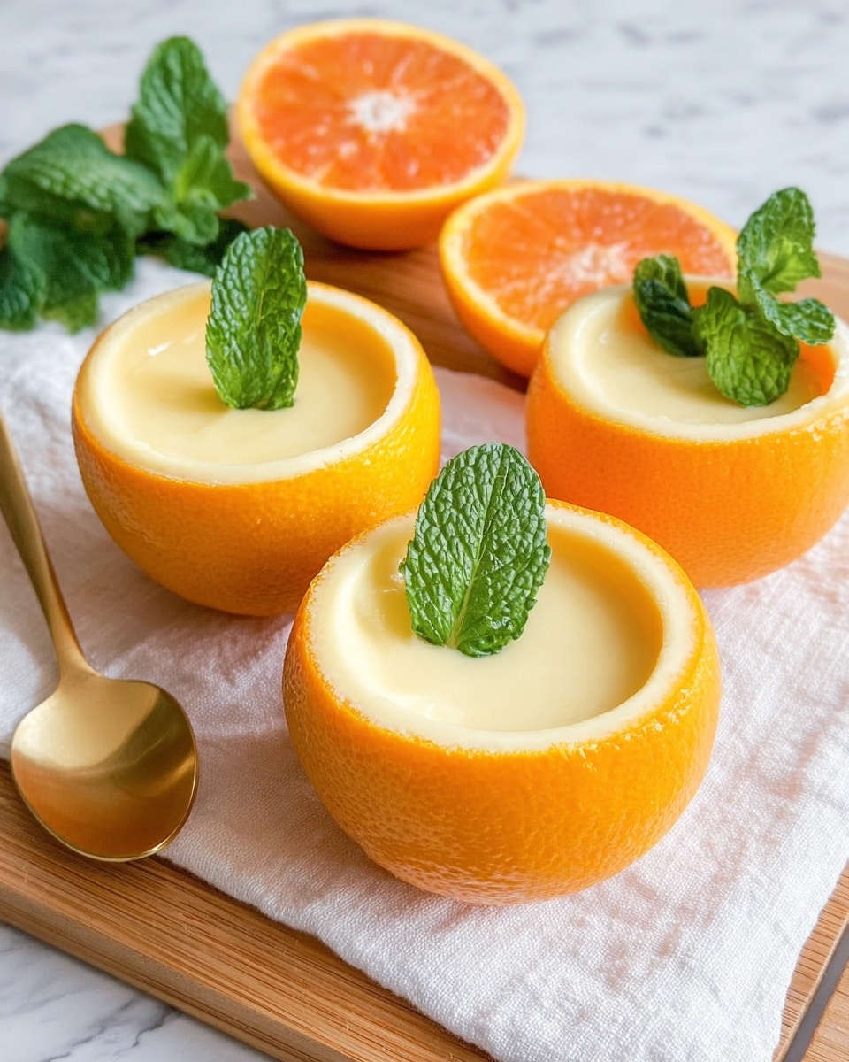 Three orange halves filled with smooth, creamy pale yellow pudding sit on a light wooden board with a white cloth under it, against a white marbled surface. Each orange has a bright green fresh mint leaf standing upright in the center of the pudding. Behind them, an orange cut in half shows its bright orange-red inside with green mint leaves spread out behind it. A small, shiny golden spoon rests on the board next to the orange halves. Photo taken with an iphone --ar 4:5 --v 7