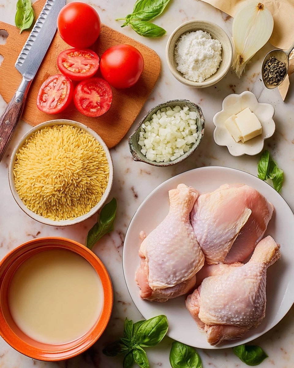 The image shows a flat lay of raw ingredients for cooking on a white marbled surface. Four pieces of raw chicken with pale pink skin are placed on a white round plate at the lower right. Above it, there is a small white bowl filled with chopped white onions. To the right of that, a small flower-shaped white bowl has finely chopped garlic, and next to it is a small bowl with two rectangular salts of white butter. At the top left, a wooden cutting board holds three bright red Roma tomatoes, one whole and two sliced in half lengthwise, next to a serrated knife with a wooden handle. Below the cutting board, an orange ceramic pot filled with dry yellow orzo pasta sits near a white bowl containing a creamy white liquid. At the bottom center, a glass measuring cup has a light brown broth. Scattered green basil leaves frame the ingredients, adding fresh color. Photo taken with an iphone --ar 4:5 --v 7