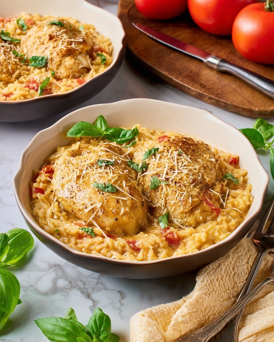 Two white scalloped bowls filled with a creamy dish featuring two golden brown chicken pieces each, partially covered by a thick layer of small, pale yellow rice mixed with soft diced red tomato pieces. The surface is sprinkled lightly with grated cheese and dotted with small fresh green basil leaves. The bowls sit on a white marbled texture with a beige cloth and some fresh basil leaves nearby. In the background, there is a wooden board with a knife and a halved tomato photo taken with an iphone --ar 4:5 --v 7