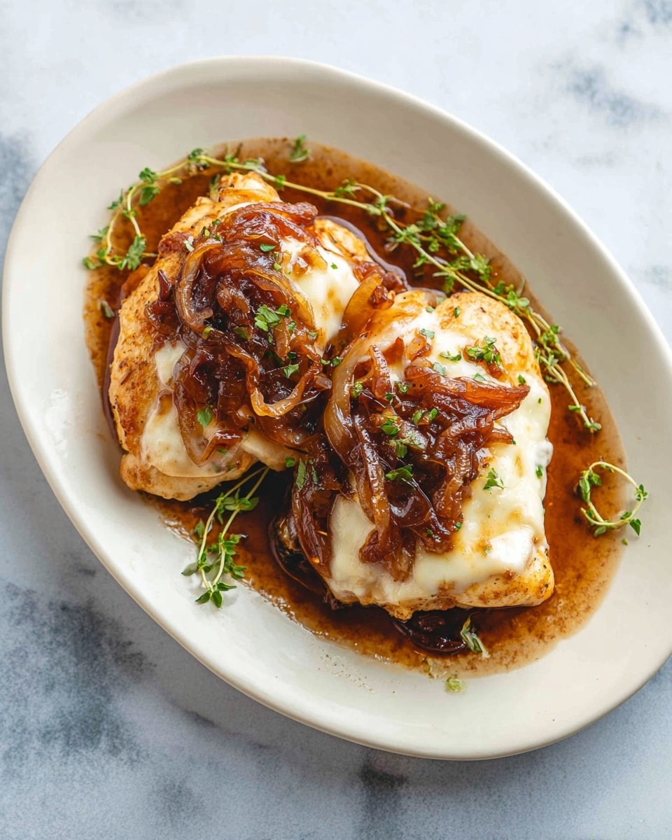 The dish shows two pieces of cooked chicken on a white oval plate, each piece covered with a glossy layer of melted white cheese. On top of the cheese layer, there is a darker brown layer of cooked onions that look soft and shiny. The chicken pieces have a golden brown color around the edges, and the plate has some brown sauce underneath the chicken. There are small green herb sprigs placed on and around the chicken, adding a touch of fresh green color. The plate is on a surface with a white marbled texture. photo taken with an iphone --ar 4:5 --v 7
