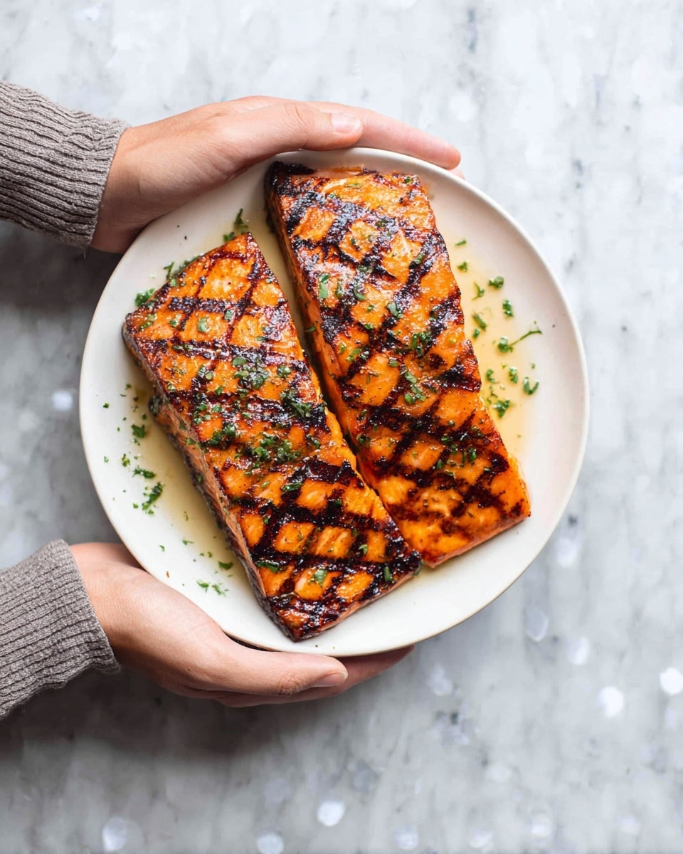 A white round plate is held by a woman's hands, containing two large grilled salmon fillets. The salmon has dark, distinct grill marks running diagonally across its bright orange surface with a slight glossy texture from the juices. There are small green herb pieces sprinkled lightly over the top, and some juice pools around the fillets. The background is a white marbled texture with scattered light spots. Photo taken with an iphone --ar 4:5 --v 7