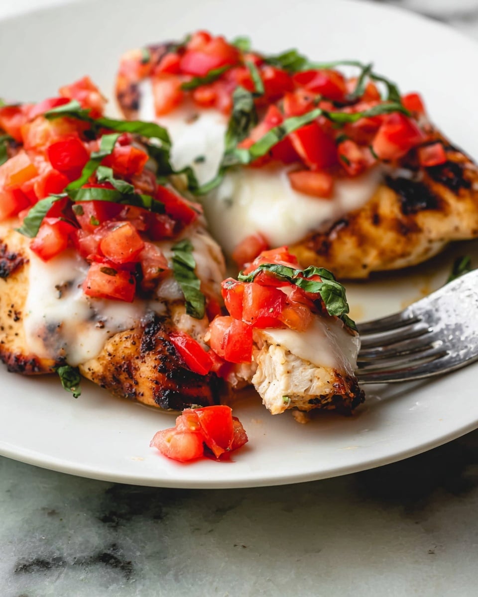 A white plate holds two grilled chicken pieces with a golden brown, slightly charred surface as the bottom layer. Each chicken piece is topped with a layer of melted white cheese that softly covers the grilled texture beneath. On top of the cheese, there is a layer of bright red diced tomatoes mixed with thin strips of fresh green basil, which add color and freshness. A silver fork is poking into the near piece of chicken, lifting some of the tomato and basil topping. The plate is set on a white marbled surface. photo taken with an iphone --ar 4:5 --v 7