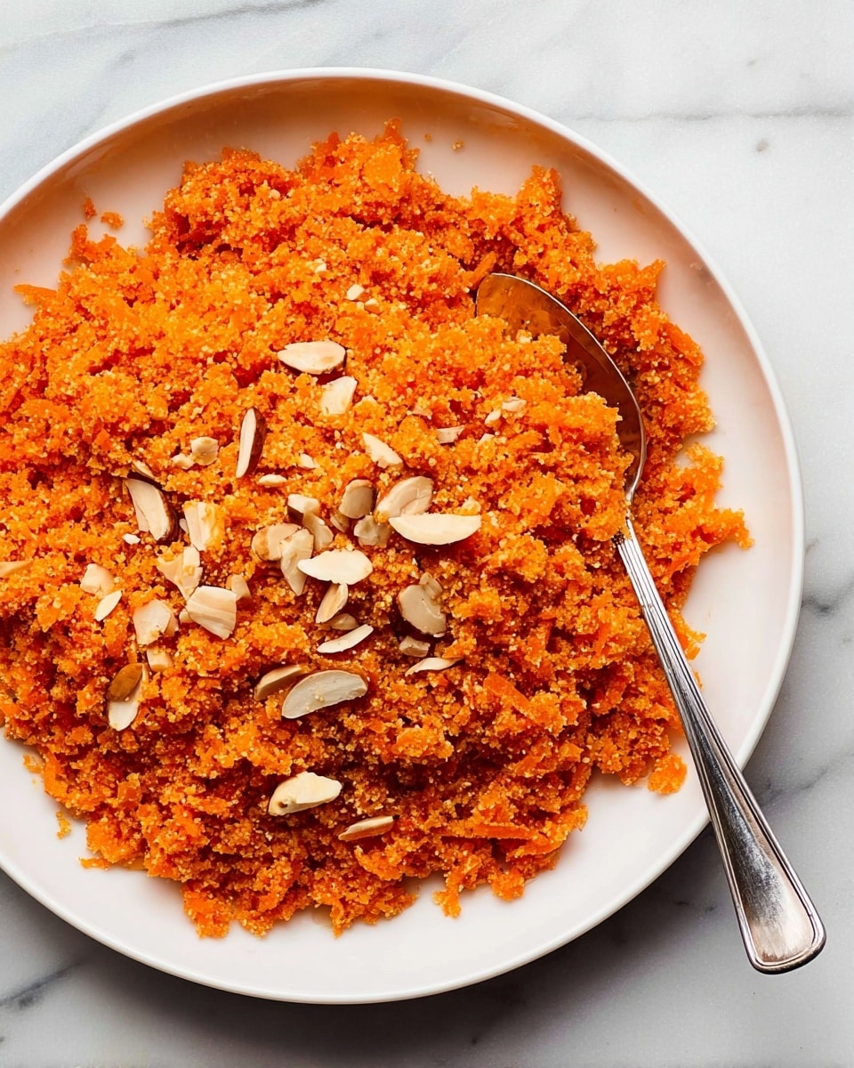 The image shows a white round plate filled with a textured orange mixture that looks like finely grated carrots mixed with a soft crumbly ingredient. Scattered thin, white slivers of nuts are mixed evenly on top. A shiny silver spoon rests on the right side of the plate, touching the food slightly. The plate is placed on a white marbled surface, adding a clean background to the vibrant orange dish. photo taken with an iphone --ar 4:5 --v 7