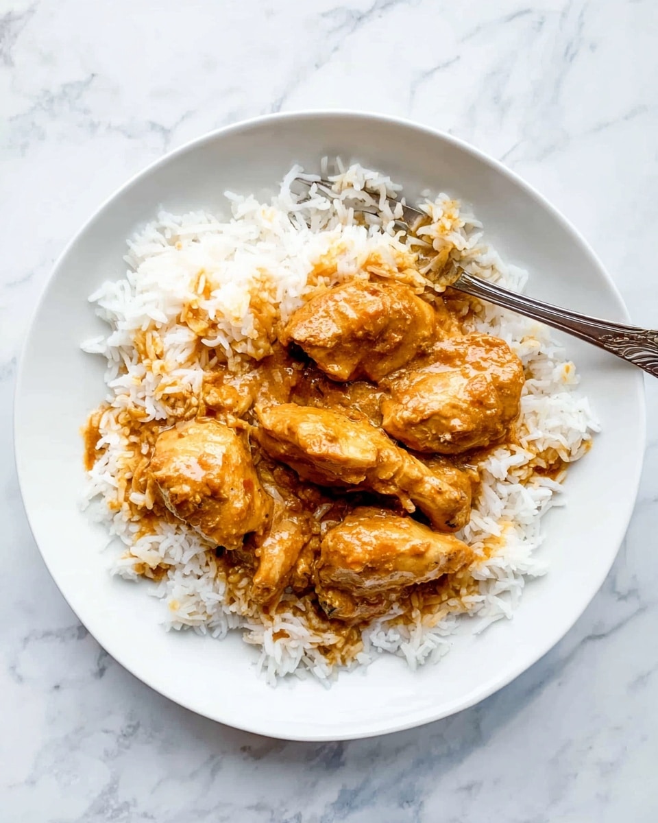 A white plate with a base layer of fluffy white rice spread evenly across it. On top of the rice, there are four pieces of chicken covered in a thick, golden-brown sauce that looks rich and slightly textured. The chicken pieces are arranged close together in the center of the plate, and some sauce has mixed with the rice around them. A silver fork rests on the plate, with its handle extending outward. The plate is set on a white marbled surface. photo taken with an iphone --ar 4:5 --v 7