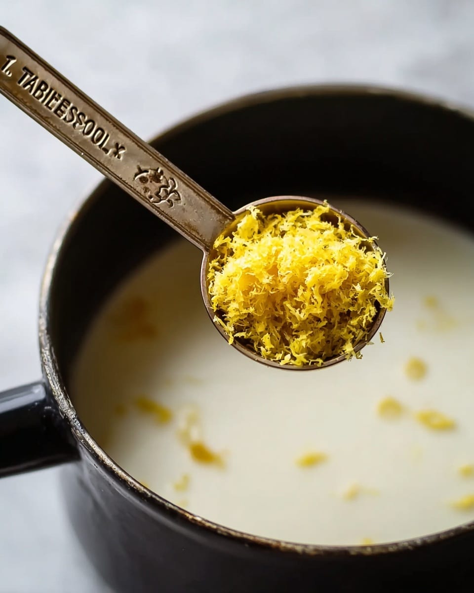 The image shows a close-up of a black cooking pot with a creamy white liquid inside, set against a white marbled surface. A vintage-style metal measuring spoon labeled