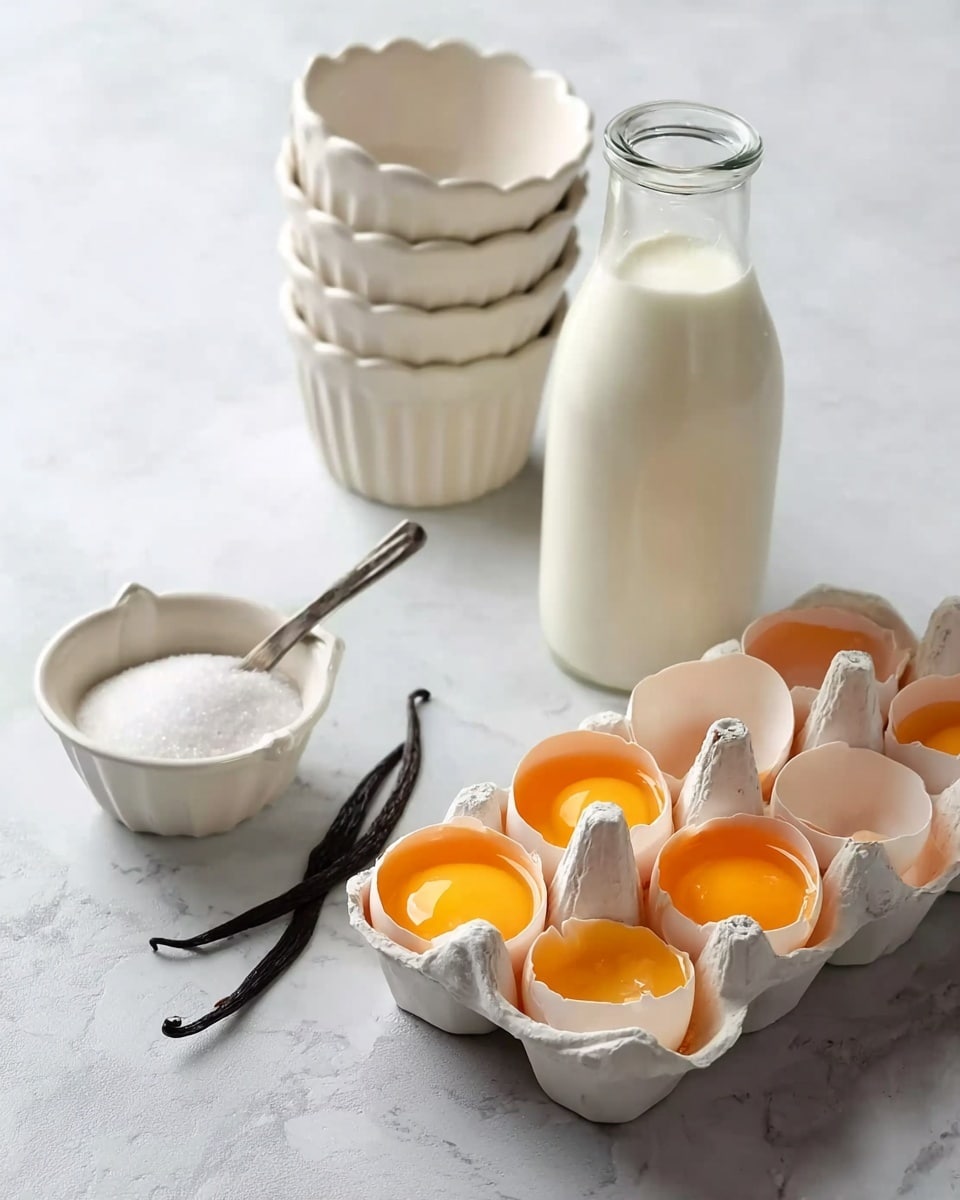 The image shows an arrangement on a white marbled surface. In the foreground, there is a white egg carton holding several open eggshells, each filled with bright orange yolks, some with visible liquid edges. Near the carton, to the right, is a tall glass bottle filled with white milk. To the left of the bottle, a small white bowl contains white sugar and a single dark brown vanilla bean resting on top. Behind these items, there are three stacked white ceramic bowls with scalloped edges. The whole setup is bright and clean with soft natural light highlighting the textures. Photo taken with an iphone --ar 4:5 --v 7