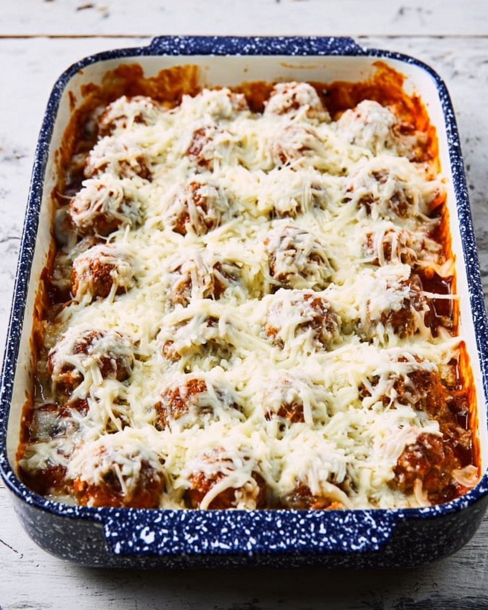 A rectangular white speckled baking dish filled with layers of food is shown on a white marbled surface. The dish contains small round meatballs covered with an even layer of melted white cheese topping, which shows some texture and stretching. The meatballs are coated with a reddish sauce, partially visible beneath the cheese layer. The edges of the baking dish have a blue and black speckled pattern that contrasts with the white cheese and sauce. Photo taken with an iphone --ar 4:5 --v 7