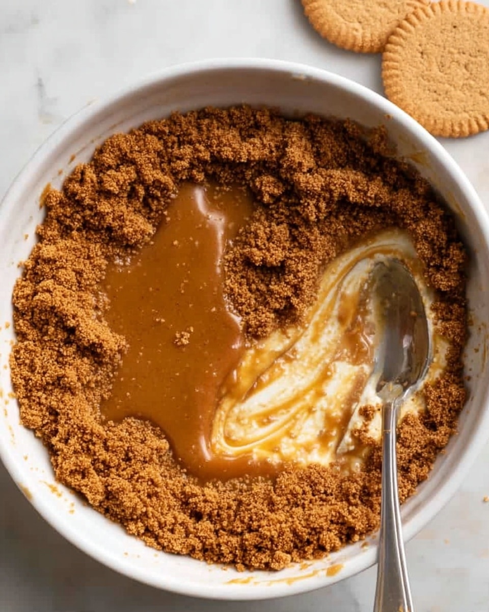 The image shows a white bowl filled with thick crushed brown crumbs around the edges, forming a rough circle. In the center, there is a glossy, light creamy layer with a darker caramel brown sauce poured unevenly on top, creating a contrast of smooth textures. A silver spoon rests inside the bowl on the right side, partially submerged in the creamy and caramel layers. The bowl is placed on a white marbled surface, and on the right side, there are two light brown cookies. Photo taken with an iphone --ar 4:5 --v 7
