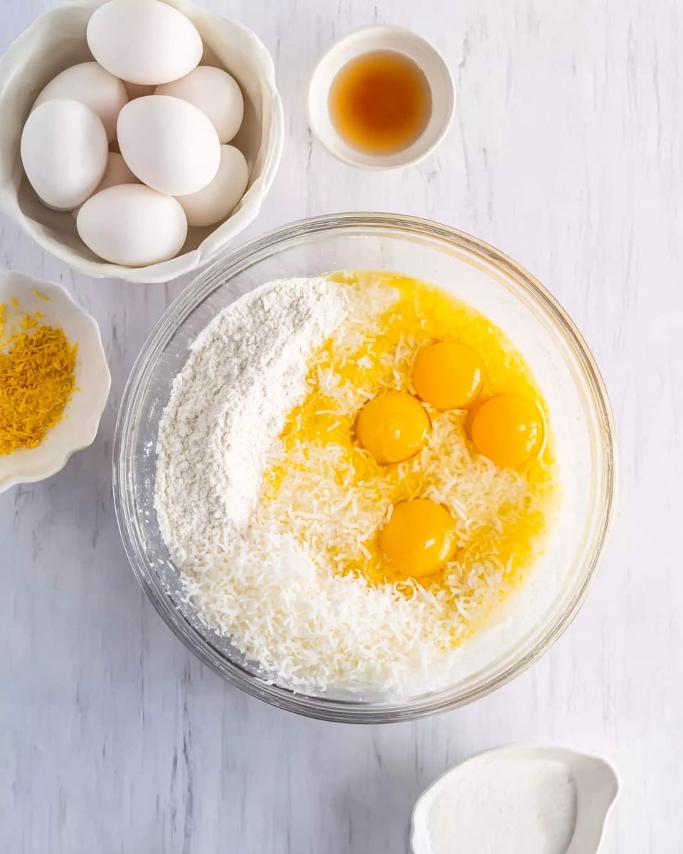 A clear glass bowl is filled with several layers of cooking ingredients. In the center, there are four bright yellow egg yolks surrounded by white flour on the left, white shredded coconut at the bottom, and melted yellow butter covering the entire right side, creating a contrast of colors. Nearby, a white bowl holds several whole white eggs, and another small white bowl contains a small amount of light brown liquid with some yellow zest pieces. All items are placed on a white marbled surface with soft lighting. Photo taken with an iphone --ar 4:5 --v 7