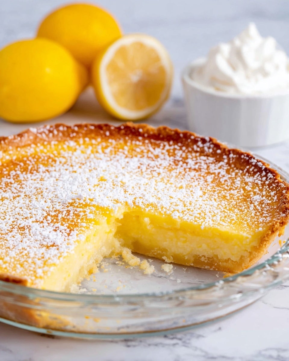 A lemon pie with one slice taken out sits in a clear glass pie dish, showing two layers: a light yellow, smooth lemon filling on the bottom and a golden-brown, slightly crunchy top layer dusted with white powdered sugar. Behind the pie are two halved bright yellow lemons and a small white bowl filled with white cream. The surface is a white marbled texture. Photo taken with an iphone --ar 4:5 --v 7