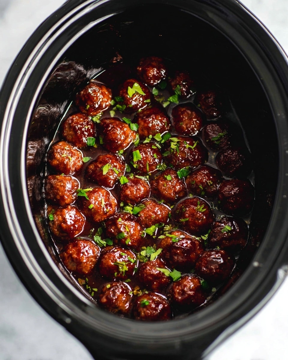 A black slow cooker filled with many small, round meatballs covered in a shiny dark brown sauce. The meatballs have a slightly crispy look and are scattered with small pieces of bright green chopped herbs on top. The slow cooker sits on a white marbled surface. photo taken with an iphone --ar 4:5 --v 7