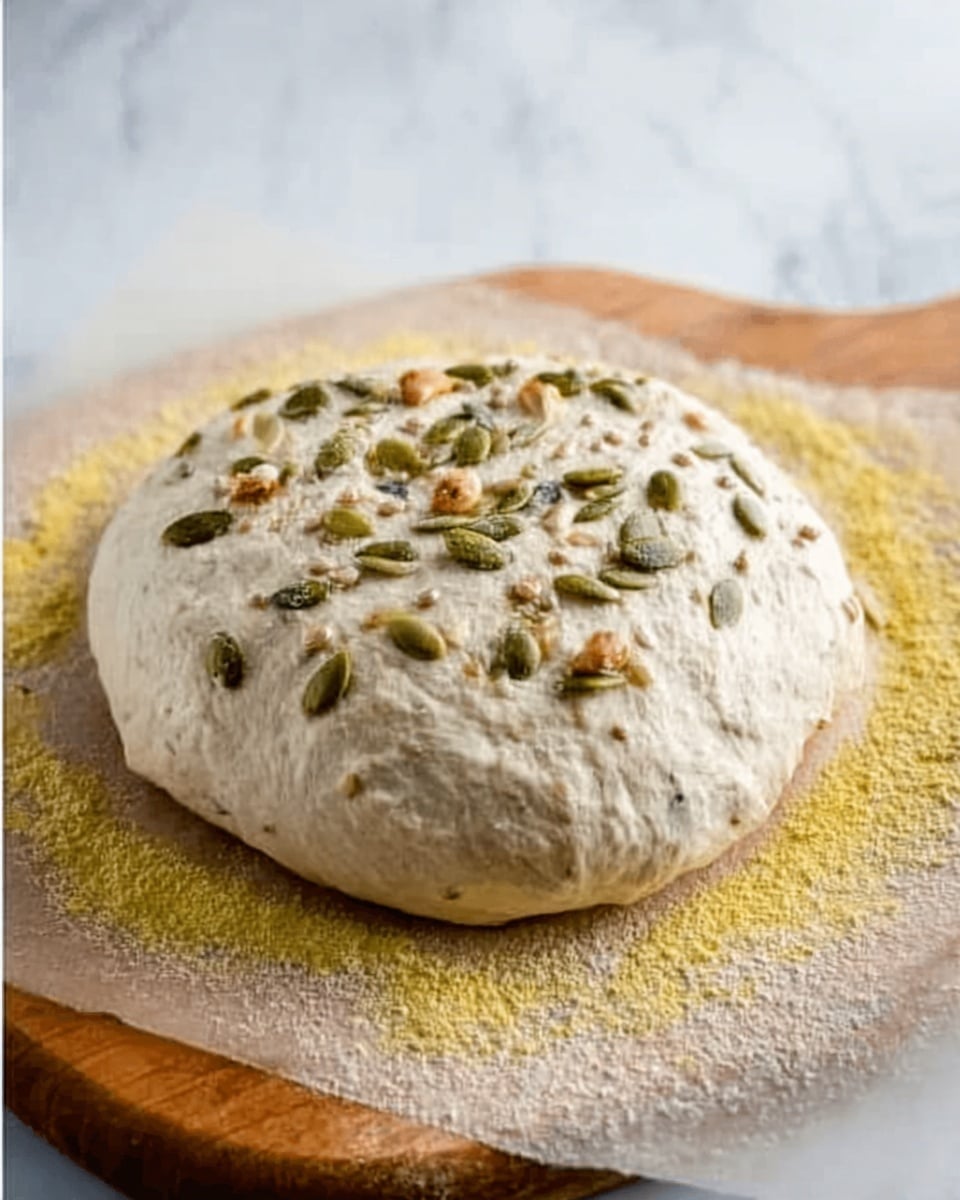 The image shows a single round dough ball on a wooden board, dusted with yellow cornmeal around it. The dough ball is light beige in color and is sprinkled with green pumpkin seeds and some nuts on top. The texture of the dough looks soft and slightly rough with some small air bubbles visible. The wooden board is on a white marbled surface. Photo taken with an iphone --ar 4:5 --v 7