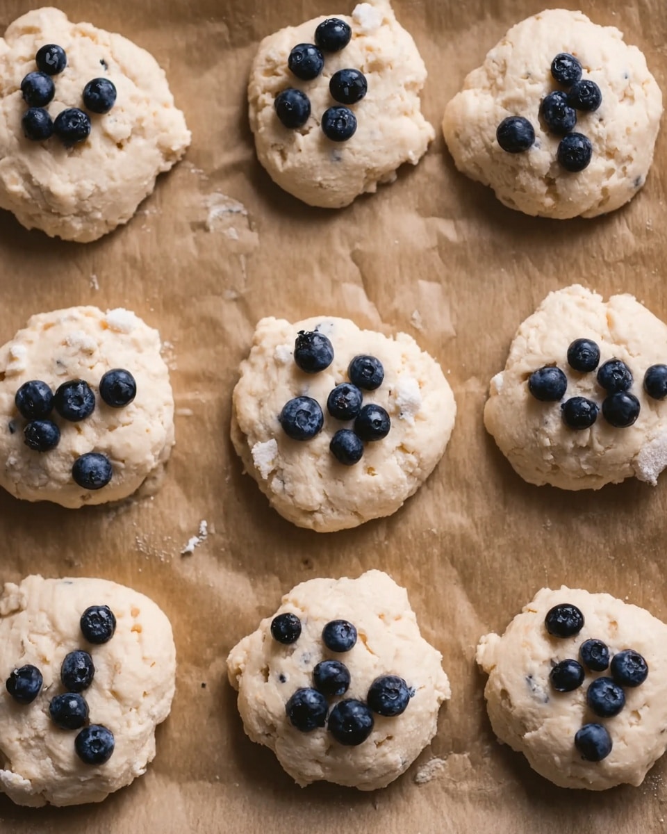 The image shows nine rough round dough pieces placed evenly on brown parchment paper. Each dough piece is pale beige with a soft and uneven texture, and on top of each are scattered small dark blue berries, forming clusters centered on the dough. The dough pieces sit directly on the paper, with gaps between them, all seen from above. The background is a white marbled texture. photo taken with an iphone --ar 4:5 --v 7
