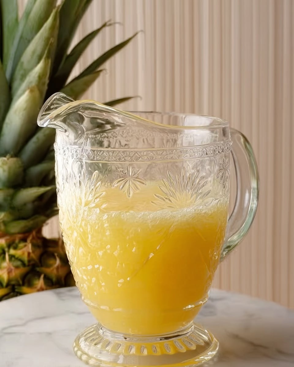 A clear glass pitcher with decorative embossed patterns is shown filled with bright yellow juice. The juice looks fresh and slightly frothy on top. The pitcher sits on a white marbled surface. Part of a green pineapple with spiky leaves is visible in the corner on the left. The background features soft vertical white and beige stripes. Photo taken with an iphone --ar 4:5 --v 7