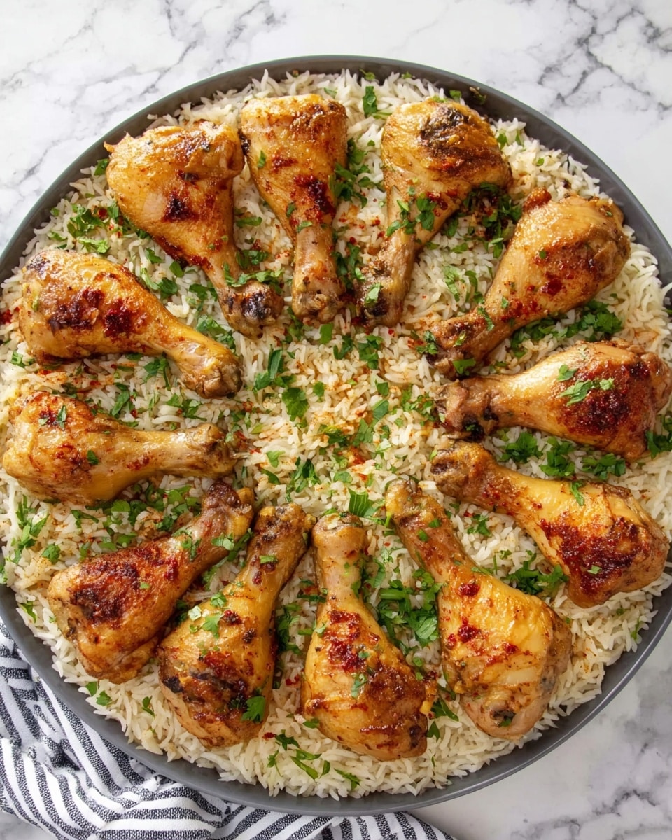 A round dish filled with white rice as the base layer. On top, there are twelve browned chicken drumsticks arranged evenly in a circle, each with a slightly crispy skin and sprinkled with some red seasoning. Bright green chopped herbs are scattered lightly over the rice and chicken, adding a fresh touch. The plate is placed on a white marbled surface with a striped cloth visible on the side. photo taken with an iphone --ar 4:5 --v 7