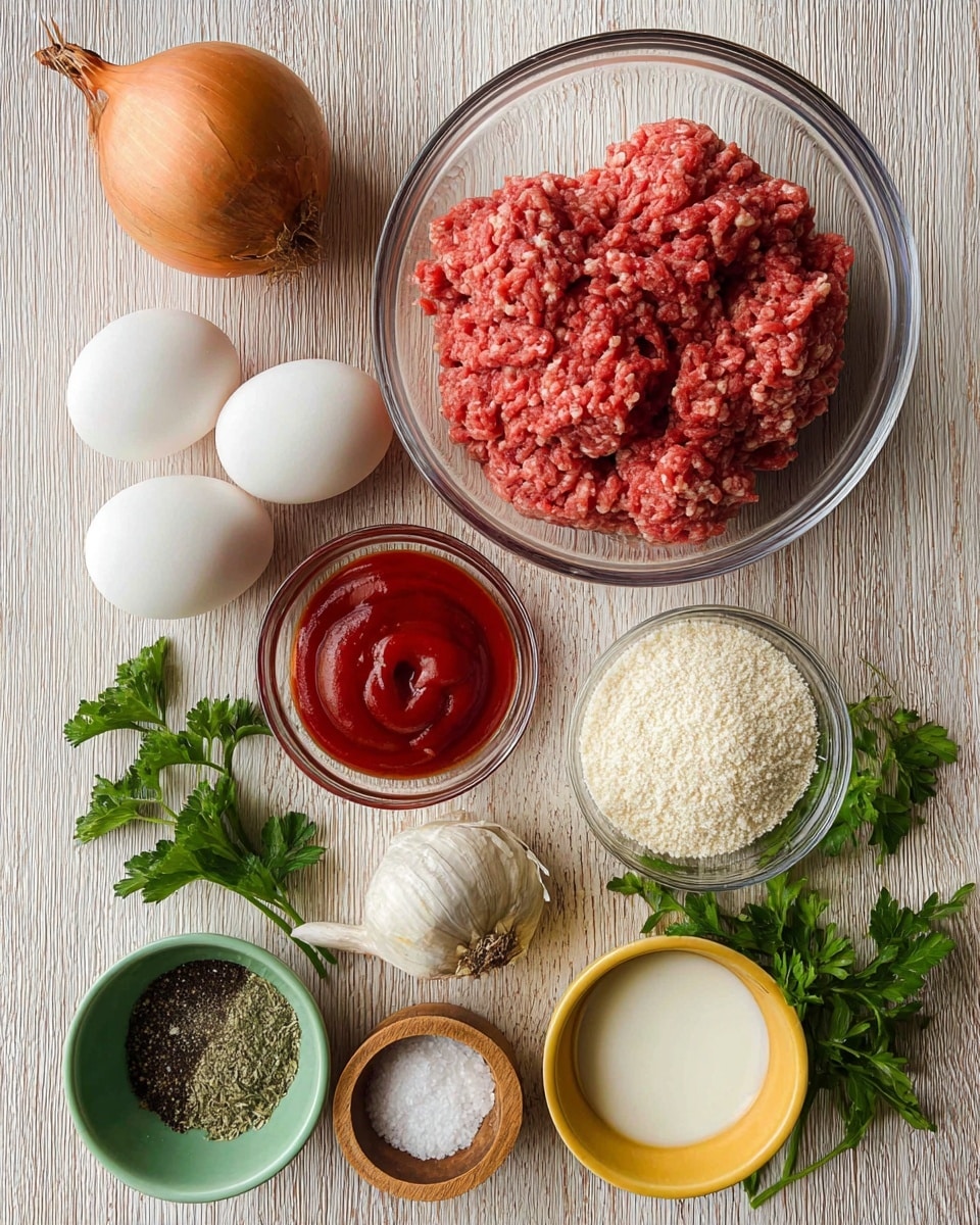 The image shows a top view of various cooking ingredients neatly arranged on a light wooden surface. In the top right, there is a clear glass bowl filled with raw ground beef, showing a reddish-pink texture. To the left of the bowl, a whole brown onion and three peeled garlic cloves sit together. Below them are two white eggs placed side by side. Near the eggs, a small clear glass bowl holds a swirl of red ketchup. Below the ketchup bowl, a small green bowl contains ground black pepper, and next to it, a small wooden bowl holds white salt. To the right, a small metal measuring cup is filled with white breadcrumbs, and behind it, fresh green parsley leaves add a touch of color. On the right side, a small glass measuring cup contains a white liquid, likely milk, and below it, a yellow bowl holds dried herbs. The overall impression is of fresh ingredients ready for cooking, on a clean white marbled texture photo taken with an iphone --ar 4:5 --v 7