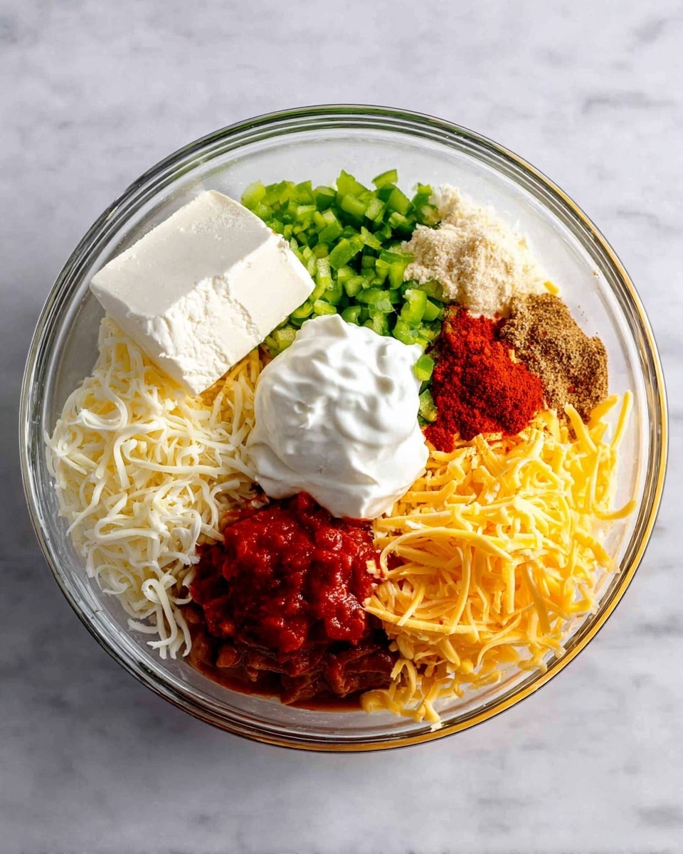 A clear glass bowl sits on a white marbled surface filled with several distinct layers of ingredients arranged in sections. Starting from the top left, there is a solid block of white cream cheese, next to it is a mound of finely chopped green bell peppers, followed by a pile of shredded white cheese. On the right side of the bowl, there is a bright red chili powder and a smaller amount of brownish spice next to it. Below that is a red salsa sauce, topped with a dollop of smooth white sour cream. On the bottom left, shredded yellow cheddar cheese contrasts with a portion of blended refried beans in the middle. Each ingredient is separate and clearly visible within the bowl. Photo taken with an iphone --ar 4:5 --v 7